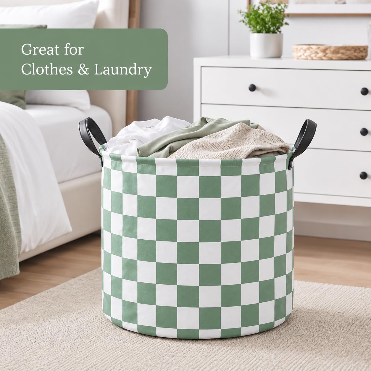 MAIZMZ 3 Pack Sage Checkered Storage Baskets Kids Hamper, 15.7"D x13.3"H, Waterproof Lining, Leather Handles, Collapsible for Laundry, Toys, Clothes, Gift Set