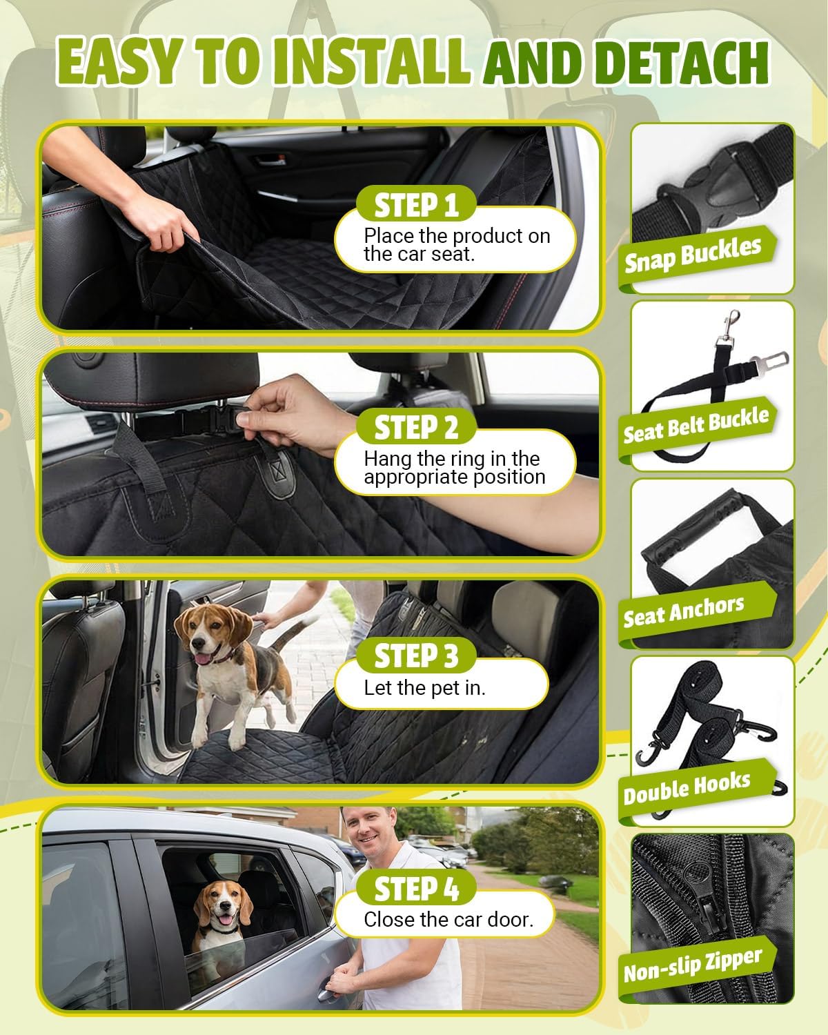 Dog Car Seat Cover, 600D Heavy Dute Car Seat Cover for Dogs Pets, 100% Waterproof Anti-Scratch Nonslip Dog Hammock for Cars, Seat Covers Protector with SeatBelt for Sedan SUV Truck Standard Black