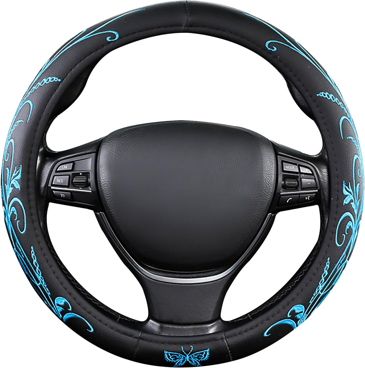 Car Leather Steering Wheel Cover - Panapi Material, Universal 14.5-15 Inch Leather Anti-Slip Breathable Auto Steering Wheel Covers for Men Women (Embroidery-Blue)