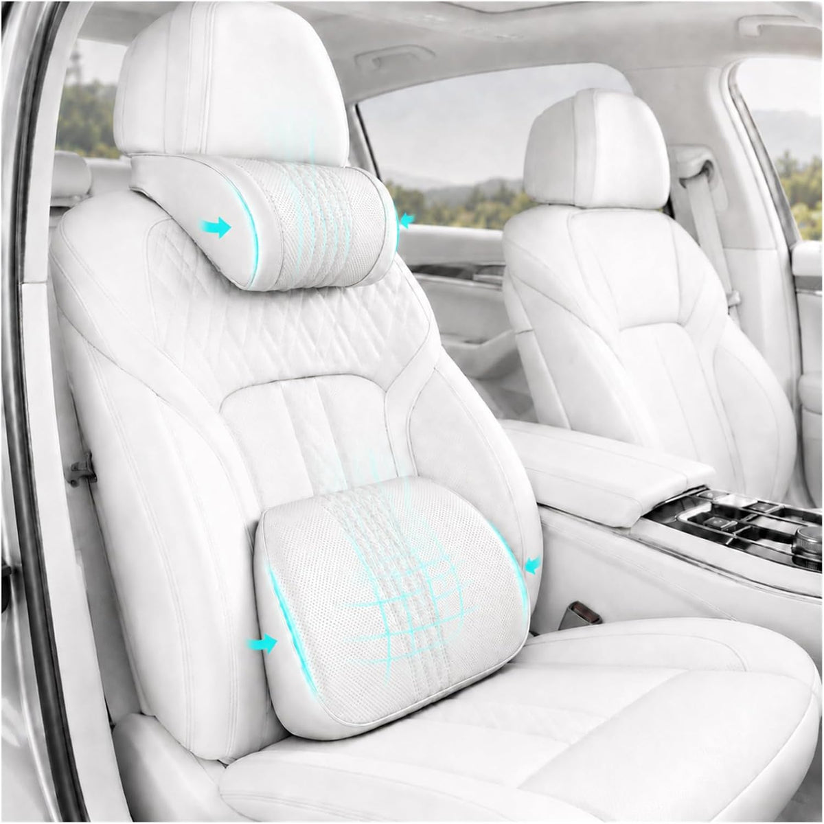 Universal Memory Foam Car Headrest Neck Pillow and Lumbar Support Pillow Set Ergonomic 2 Piece Car Seat Back Cushion with Breathable PU Leather Adjustable Straps for Driving SUVs Trucks，White