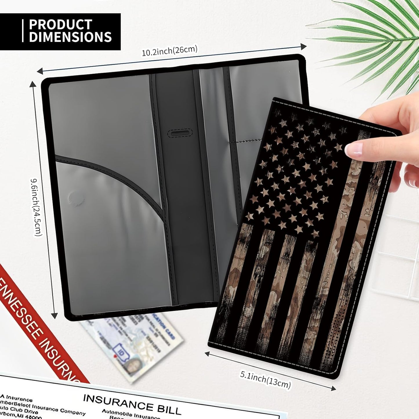 Leather Car Registration and Insurance Card Holder, Cute Car Accessories Vehicle Glove Box Car Organizer for Documents, Cards, License Retro American Flag