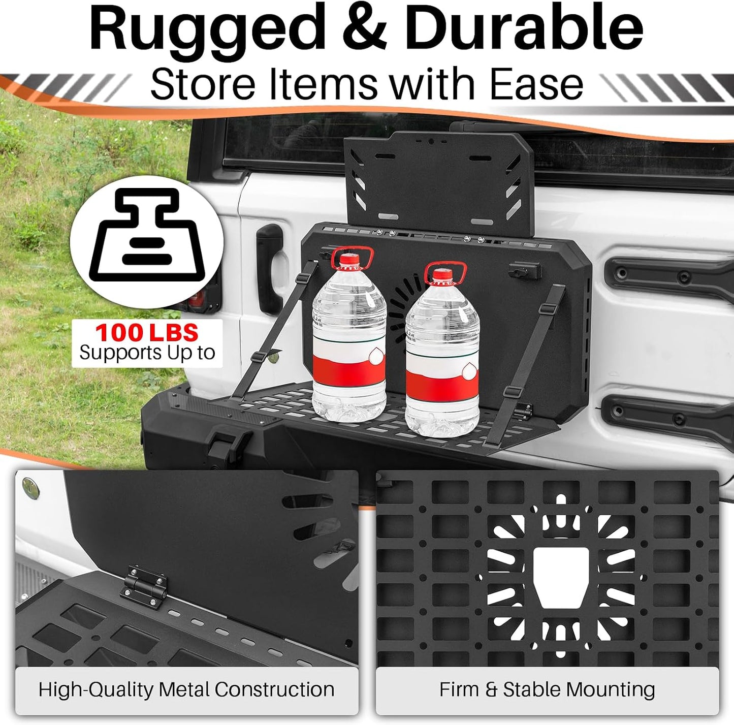 Spare Tire MOLLE Panel Modular Storage System for Jeep Wrangler JL JK & Ford Bronco (Excludes Sport Models), Heavy-Duty Metal Foldable Tailgate Table, Car Storage Organizer Panel Accessories