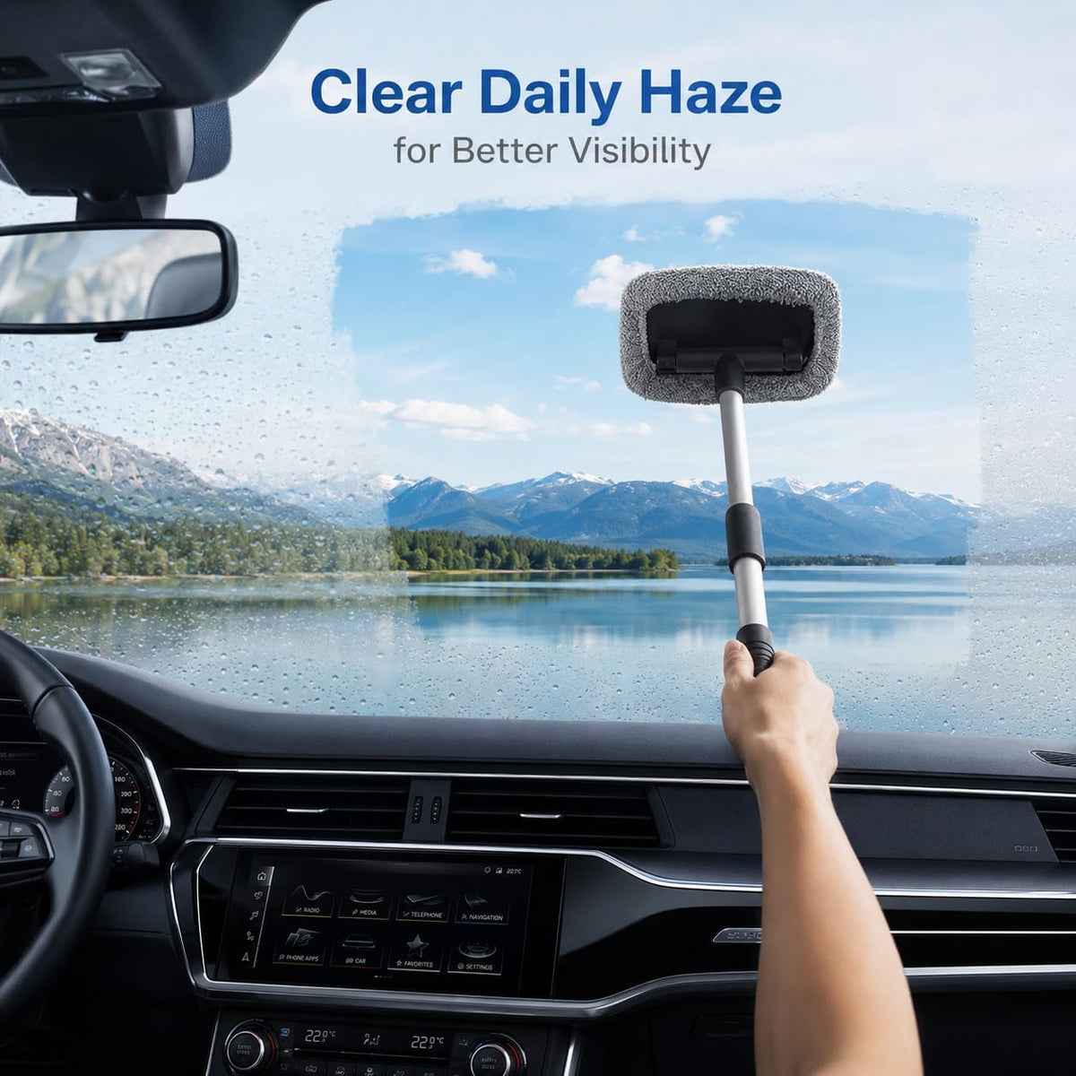 Windshield Cleaner Tool, Extendable Car Windshield Cleaning Tool with 180° Rotating Head, Interior Windshield Cleaner for Cars and Windows, 3 Washable Microfiber Covers