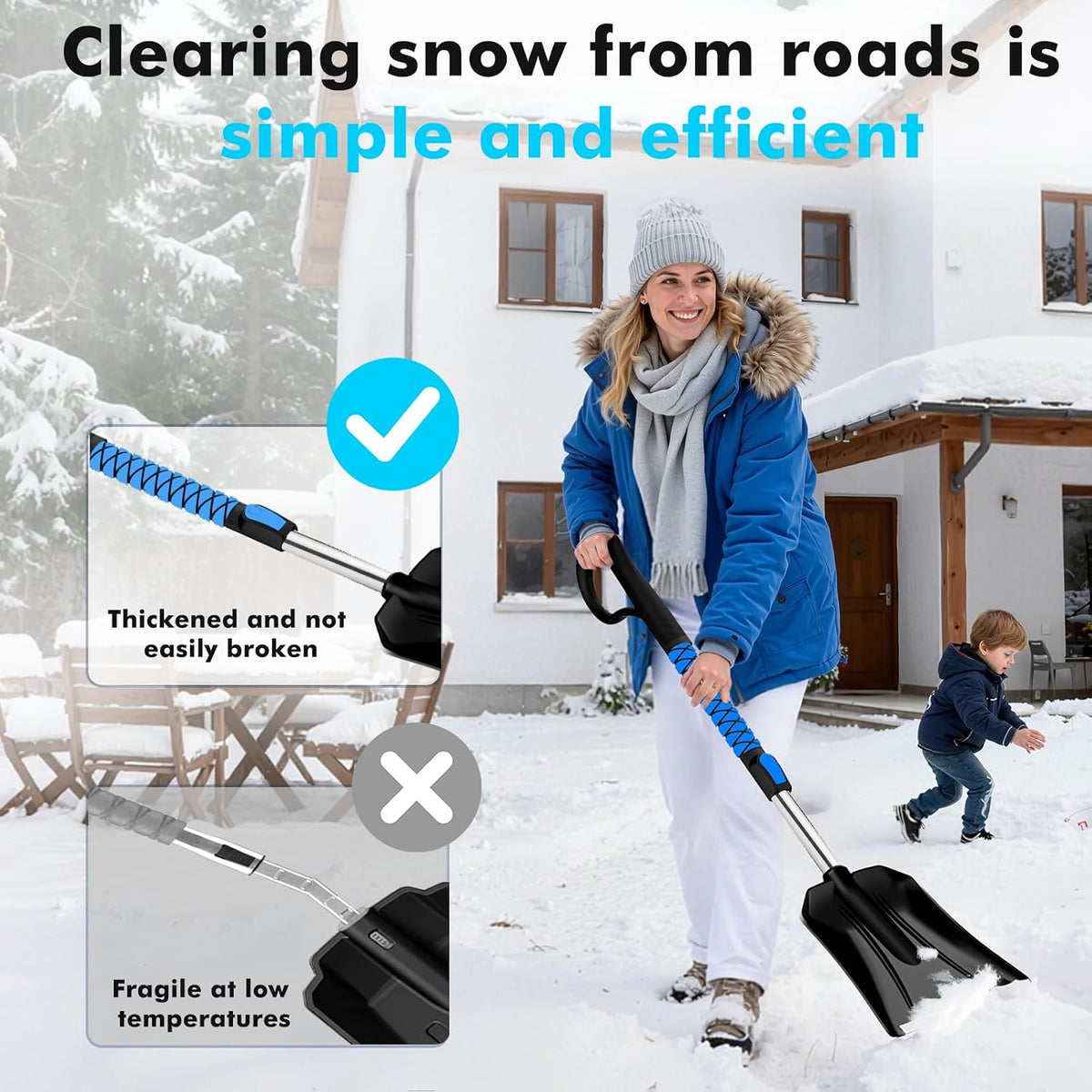 7 in 1 Snow Shovel & Snow Brush Kit with Ice Scrapers for Car Windshield,62.2” Extendable & Bendable Thicken Aluminum Tube for Easy Roof Cleaning,180° Pivoting Brush Head & EVA Grip,Blue