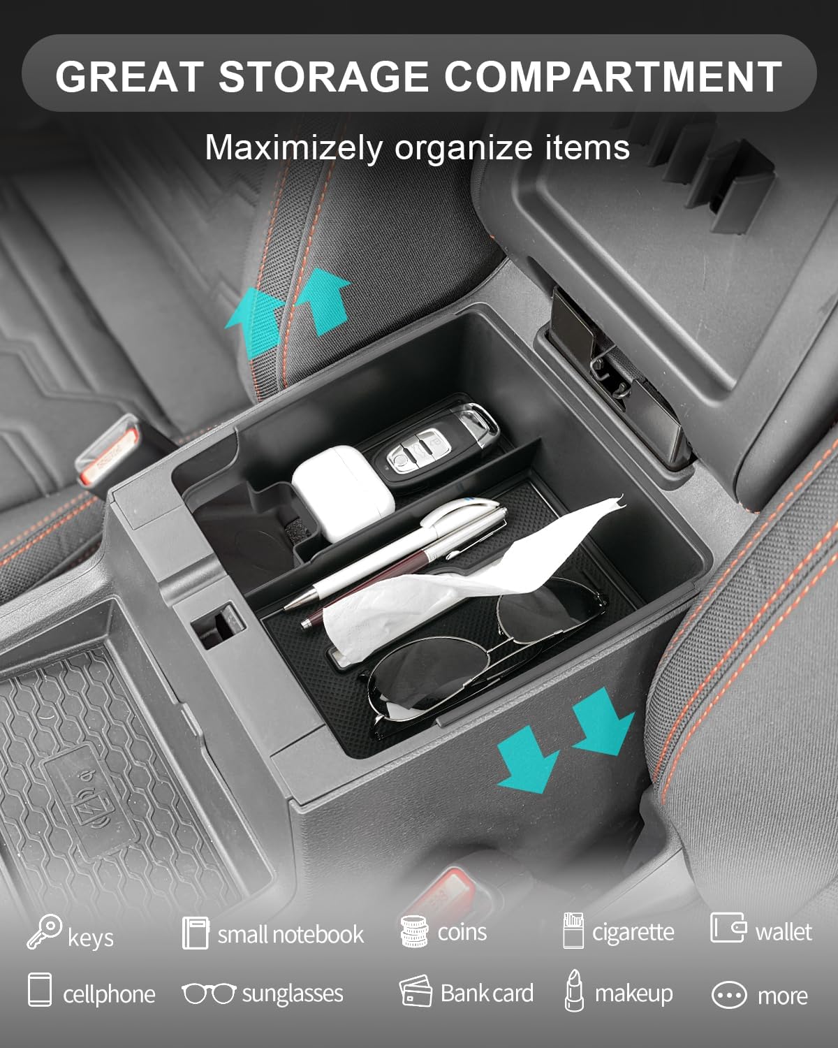 CDEFG Center Console Organizer Tray for 2022-2025 2026 Nissan Frontier with Tissue Slot, 2025 2026 Frontier Truck Accessories Middle Console Organizer Armrest Storage Box with Elastic Band