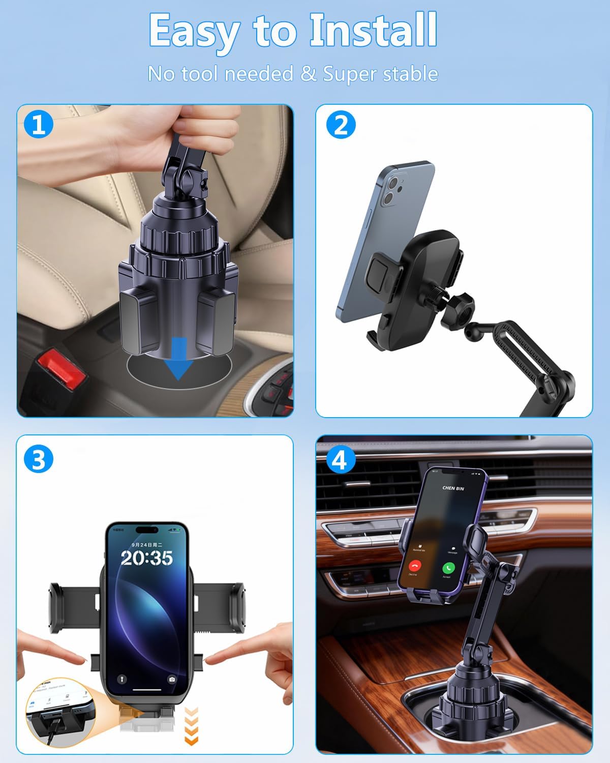 Universal Car Cup Holder Phone Mount with Detachable Base & Long Neck, 360° Rotating for No-Shake View, Securely Fits 65-106mm Large Truck/SUV Cups, Compatible with All 4-7 Inch Smartphones