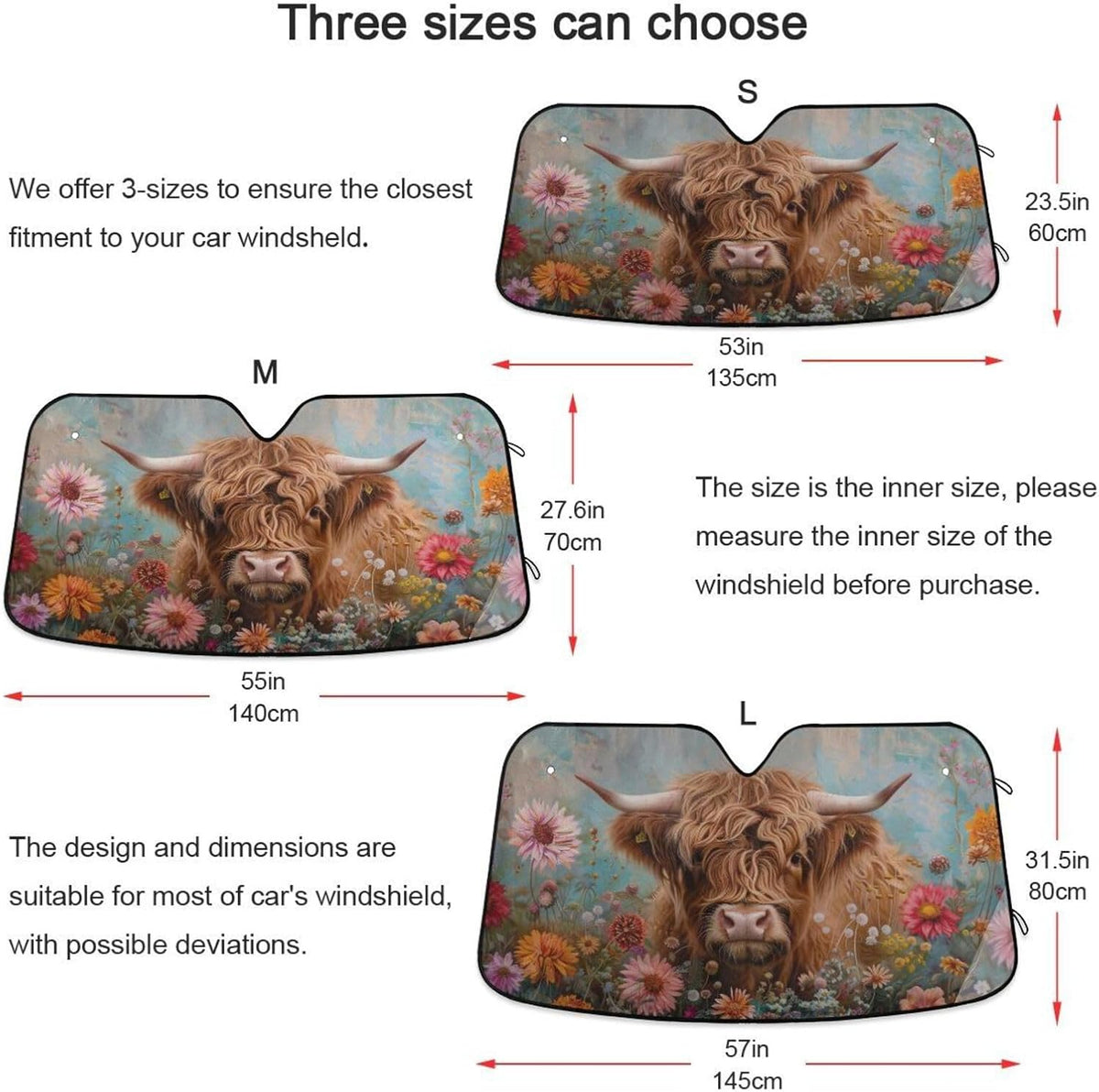 Car Windshield Sun Shade Highland Cows Florals Foldable UV Ray Sun Visor Protector Sunshade to Keep Your Vehicle Cool 55" x 27.6"