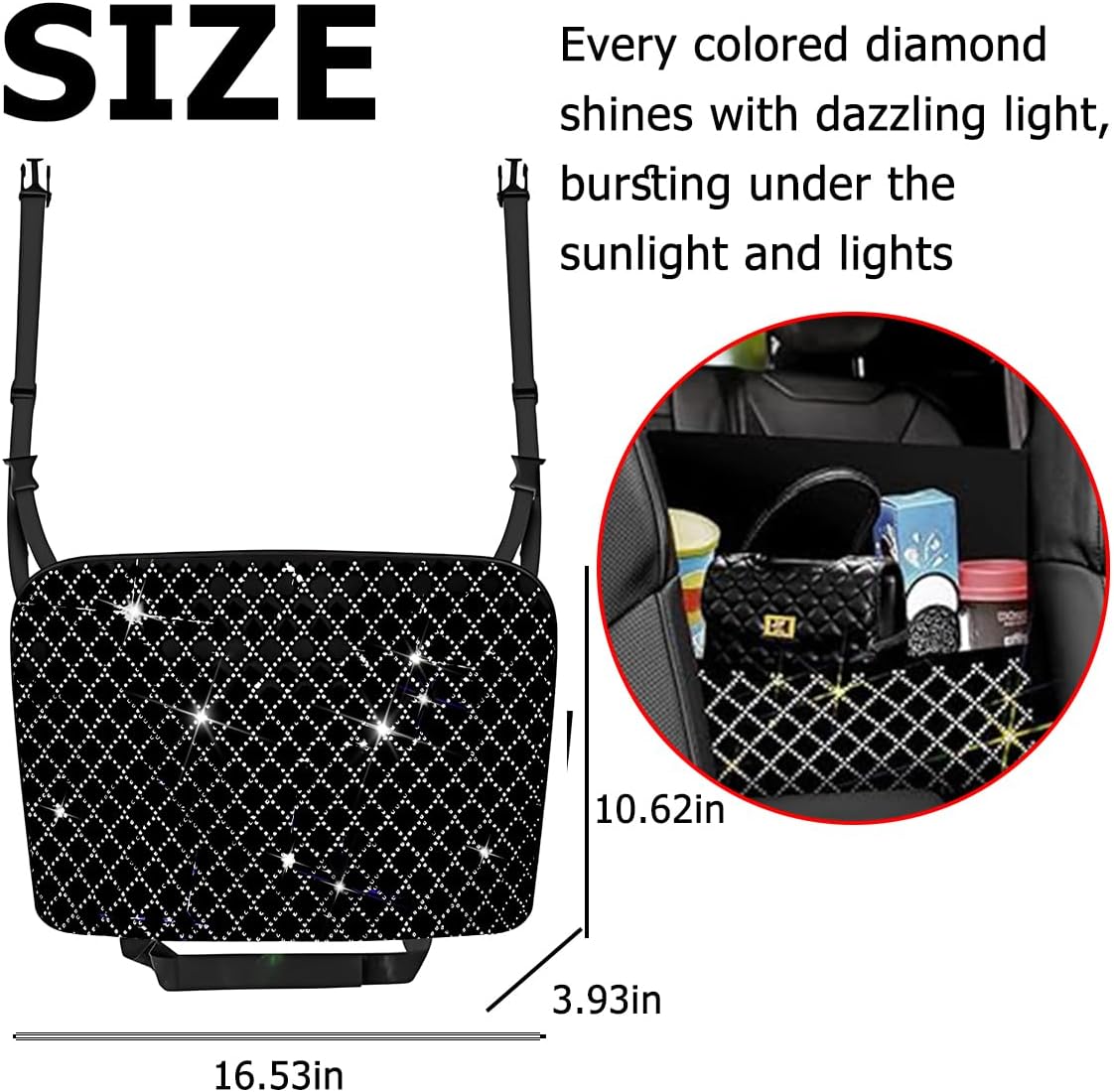 zipelo Bling Car Net Pocket Handbag Holder, Rhinestone Vehicle Backseat Purse Organizer Between Seats, Diamond Hanging Storage Bag Barrier of Pet Kids, Universal Automotive Accessories (White)