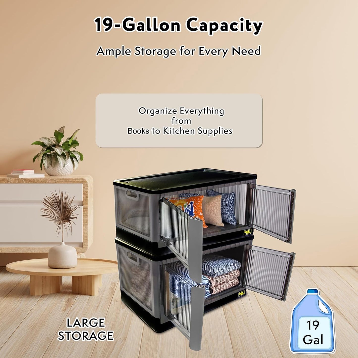 FELICON 19 Gallon 3 Pack Folding Stackable Storage Bins with Lids-Black | Doors,Wheels,Collapsible Organizer Foldable Container,Wardrobe Closet for Bedroom Living Room Neat,Dorm,Organized Homes