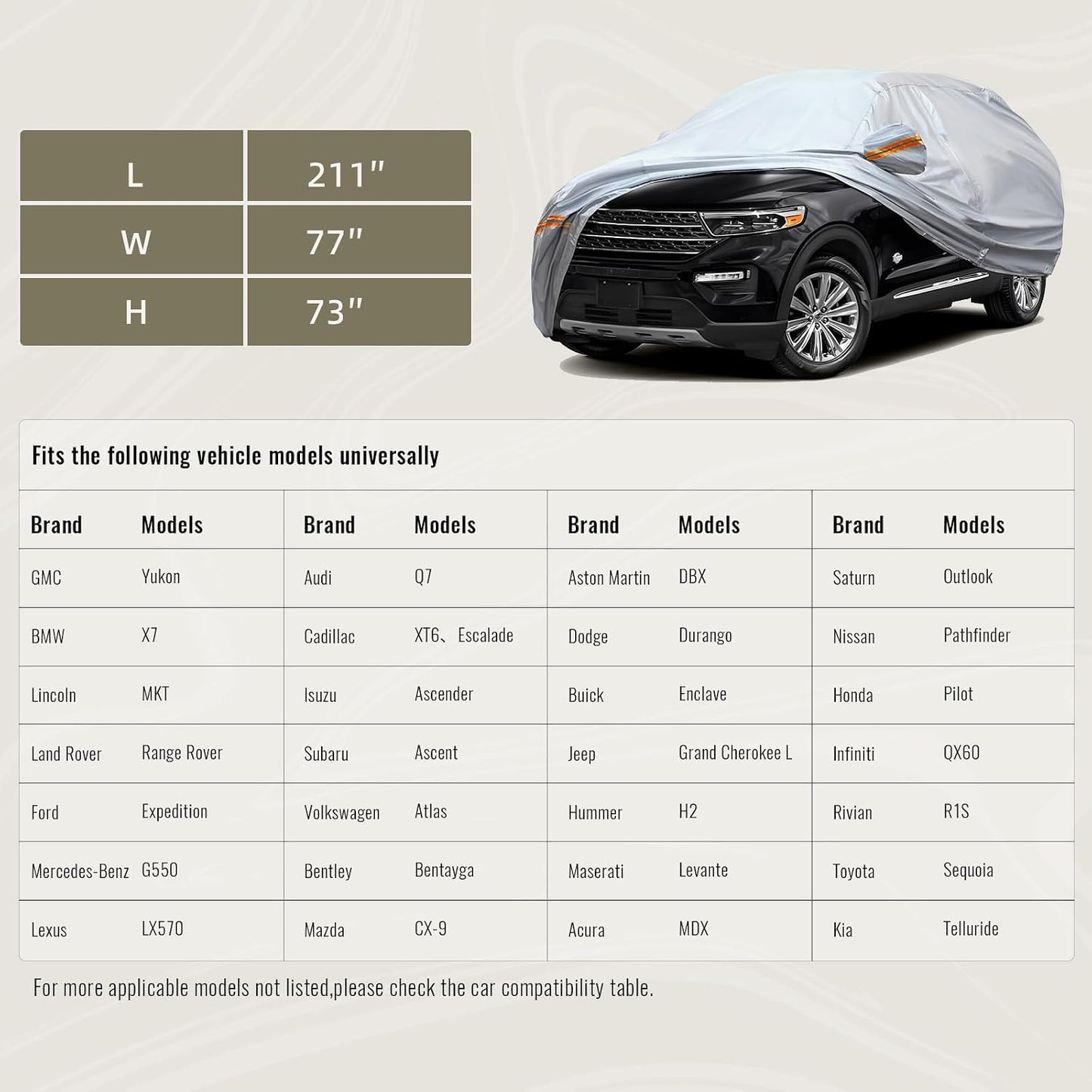 TUCAREST 6 Layers Full Car Cover for SUV- Waterproof, Insulated, Anti-UV, Snow-Proof, Hail-Resistant, Anti-Wind, All-Weather, Thickened Protection, up to 211 in