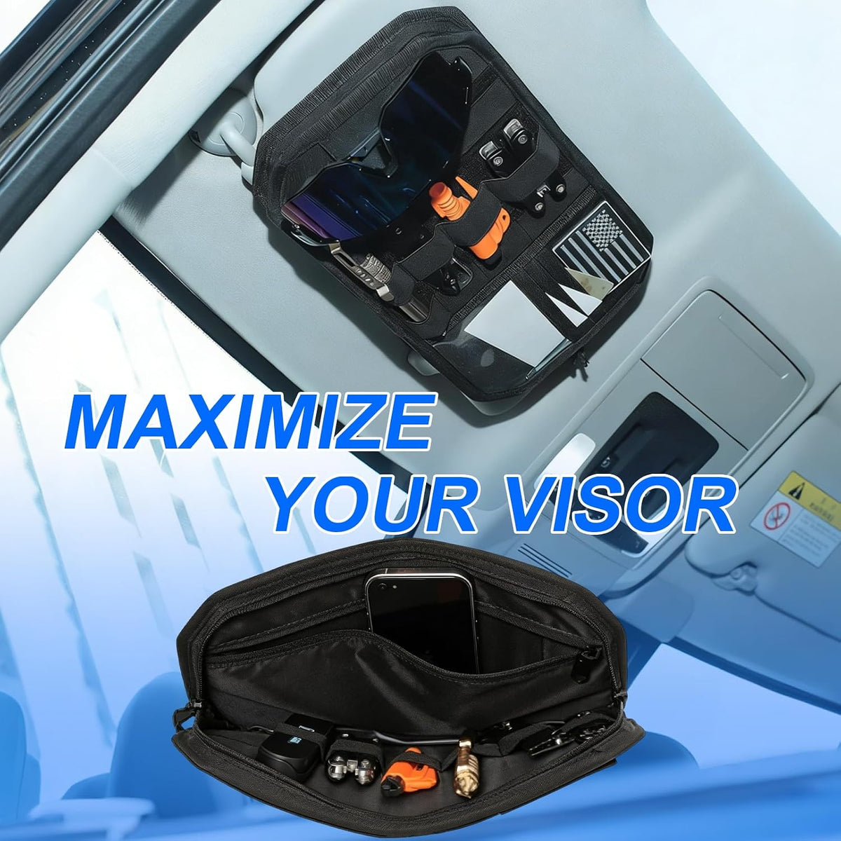 Molle Car Sun Visor Organizer,Tactical Car Accessories with Zipper Storage Pouch & Glasses Clip,Automotive Semi-Rigid Molle Panel for SUVs,Trucks,Cars & Patrol Vehicles(Black)