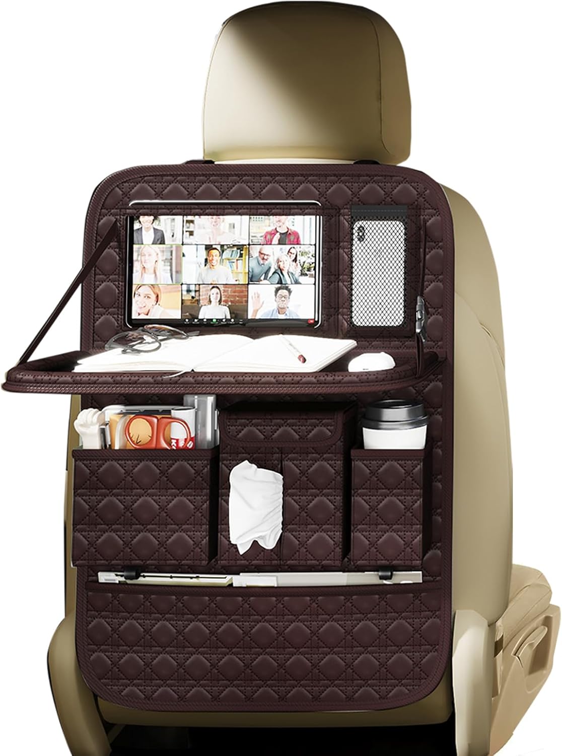 GMQ Backseat Car Organizer 1 Pack, Car Back Seat Organizers with Tray,Multifunctional Car Seat Back Organizer with Foldable Tablet Holder (Coffee Brown, 1 PC)