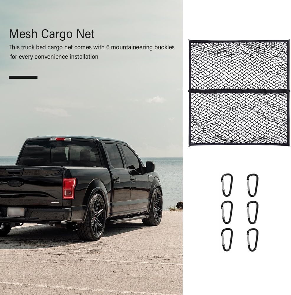 Foldable Cargo Net for Pickup Truck Bed,4' x 4' Ultra Strong Stretch to 8'x8' Truck Bed Organizer Includes 6 Pcs Carabiner Clips,Dual Use Cargo Net for Trucks SUV Car Trunks Organizer