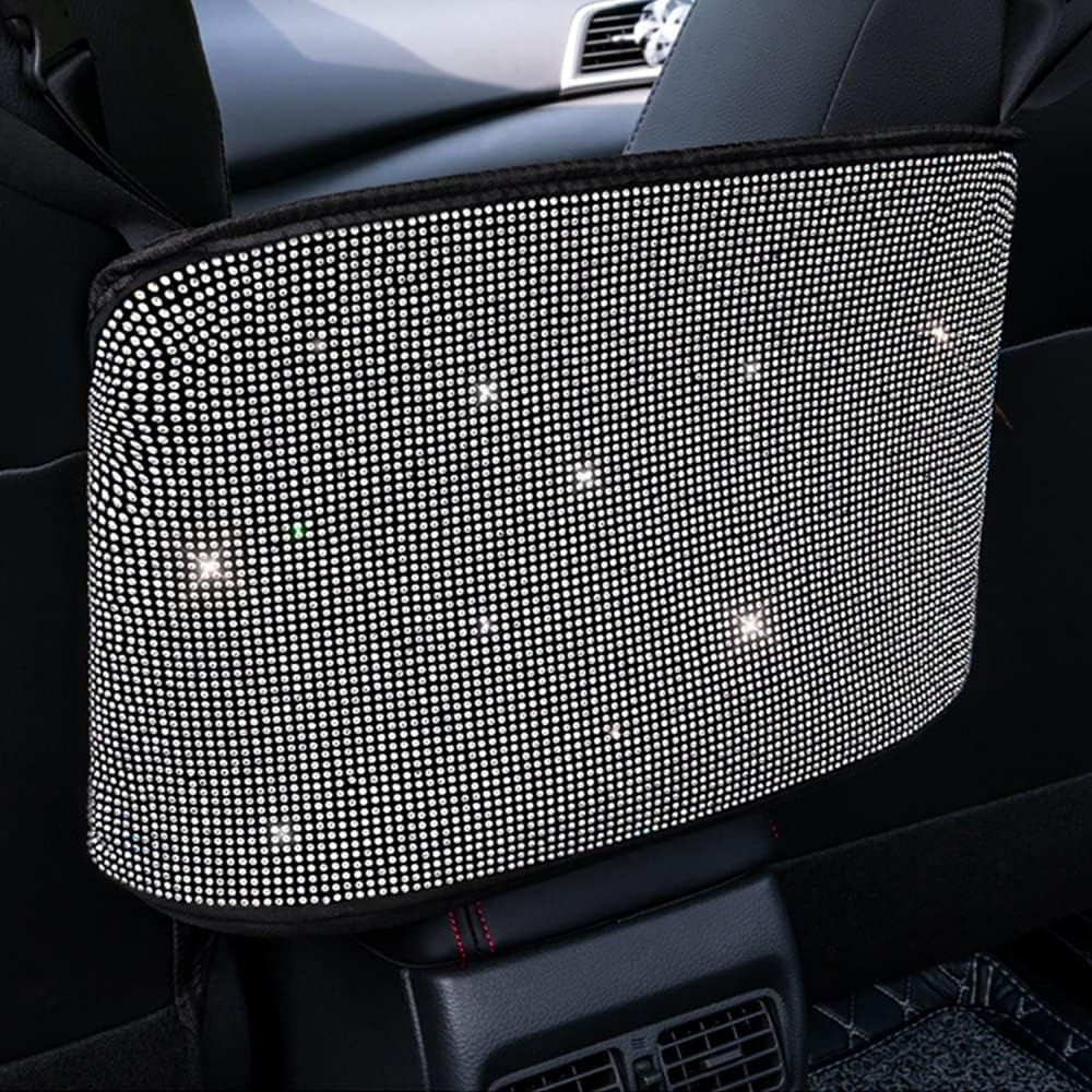 Car Net Pocket Handbag Holder Between Seat Back Organizer, Purse Holder for Console Front Seat Storage Barrier, Rhinestone Car Storage Organizer Between Front Seats, White