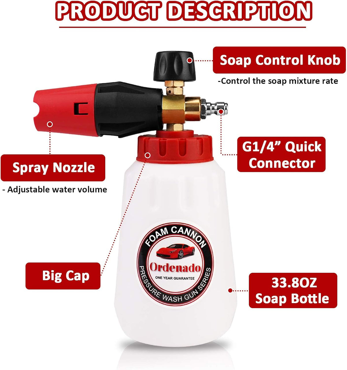 Ordenado Adjustable Foam Cannon 1 Liter Bottle Snow Lance Professional Car Wash Pressure Washer Gun Jet Wash Fit 1/4" Quick Connector Blaster Car Detailing Accessories 02