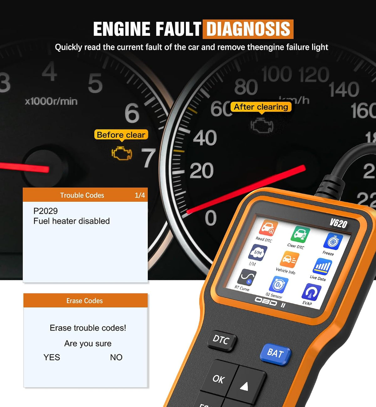 UMEIJA OBD2 Scanner with Upgrade Battery Tester - Diagnostic Tool for Cars That Check Engine Light & Emissions Readiness Read and Clears Vehicle Error Codes for All OBD II Protocol Vehicles Since 1996