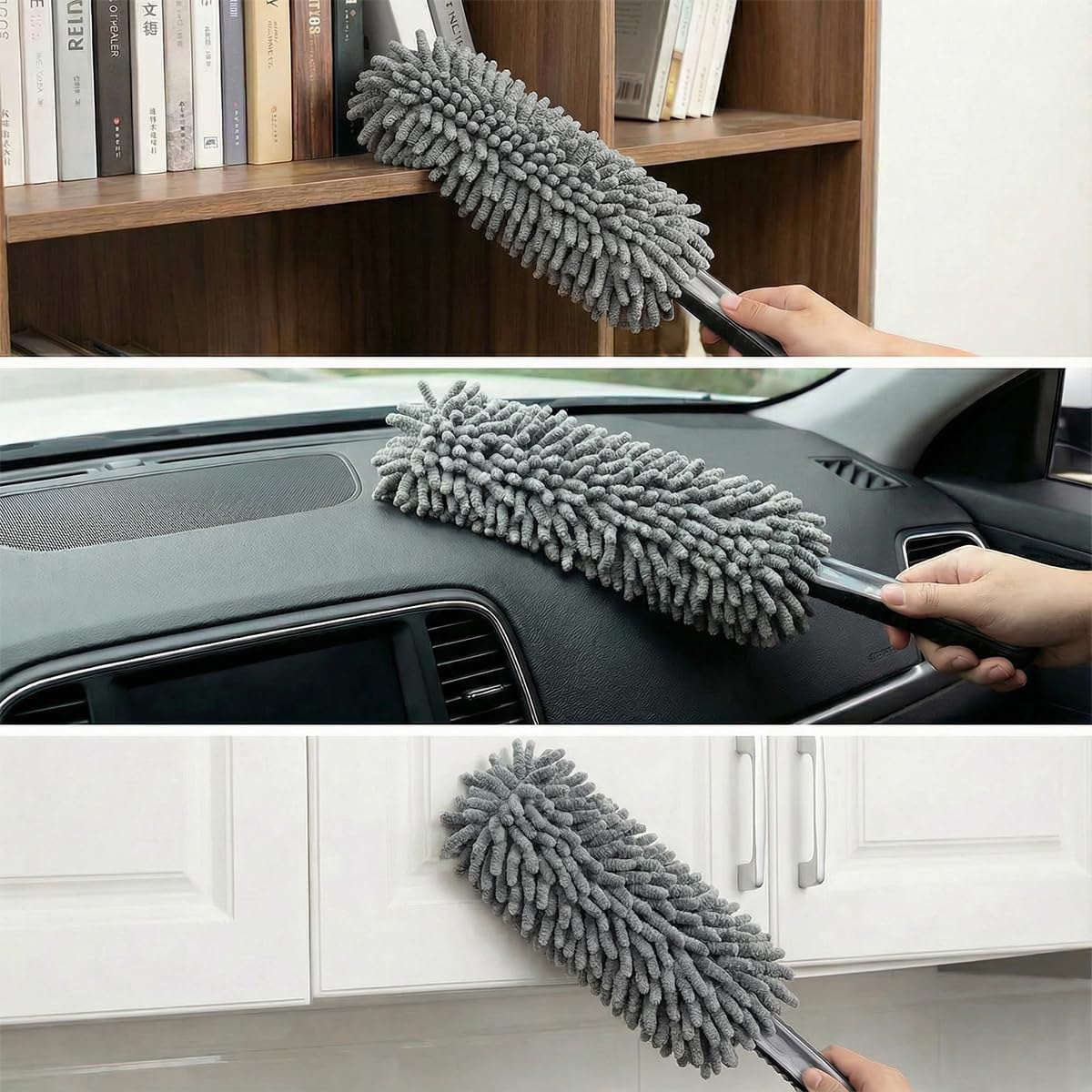 Craedli Car Interior Duster, Soft Chenille Microfiber Car Dash Dusting Brush Tool with Comfort Anti-Slip Grip, Multifunctional Auto Detailing Cleaning Supplies for Cars, Trucks, SUVs(Double-Sided)