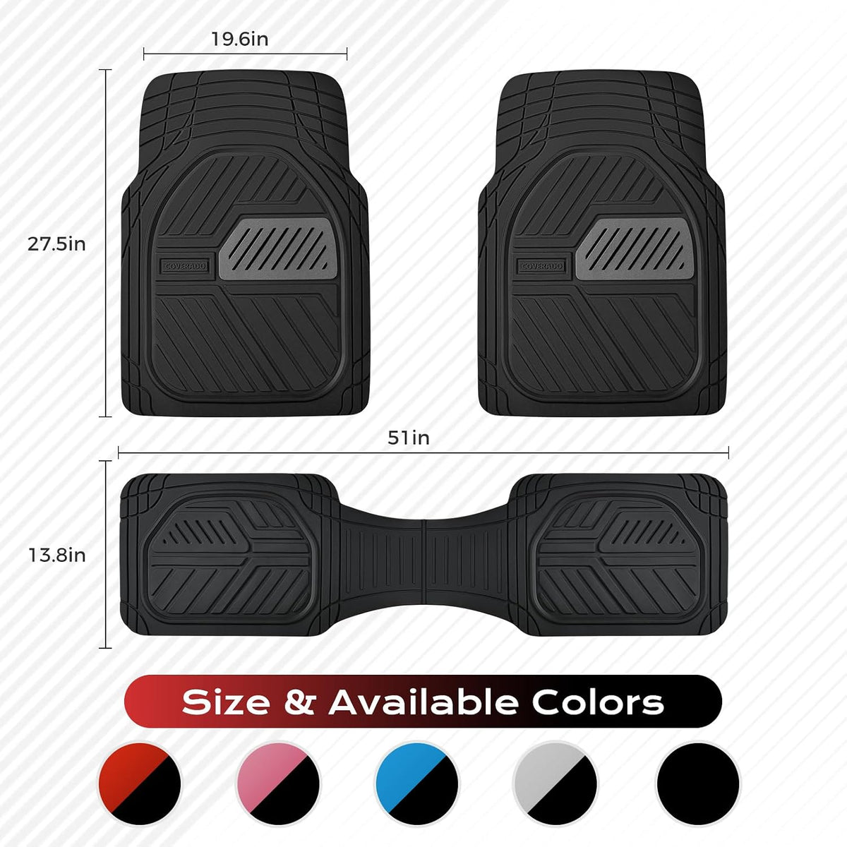 Coverado Car Mats Full Set, Heavy Duty Rubber Floor Mats for Cars, Deep Dish Design All Weather Waterproof Car Floor Mats, Universal Trim-to-Fit Car Mats for Most Cars Trucks SUV, Black&Gray