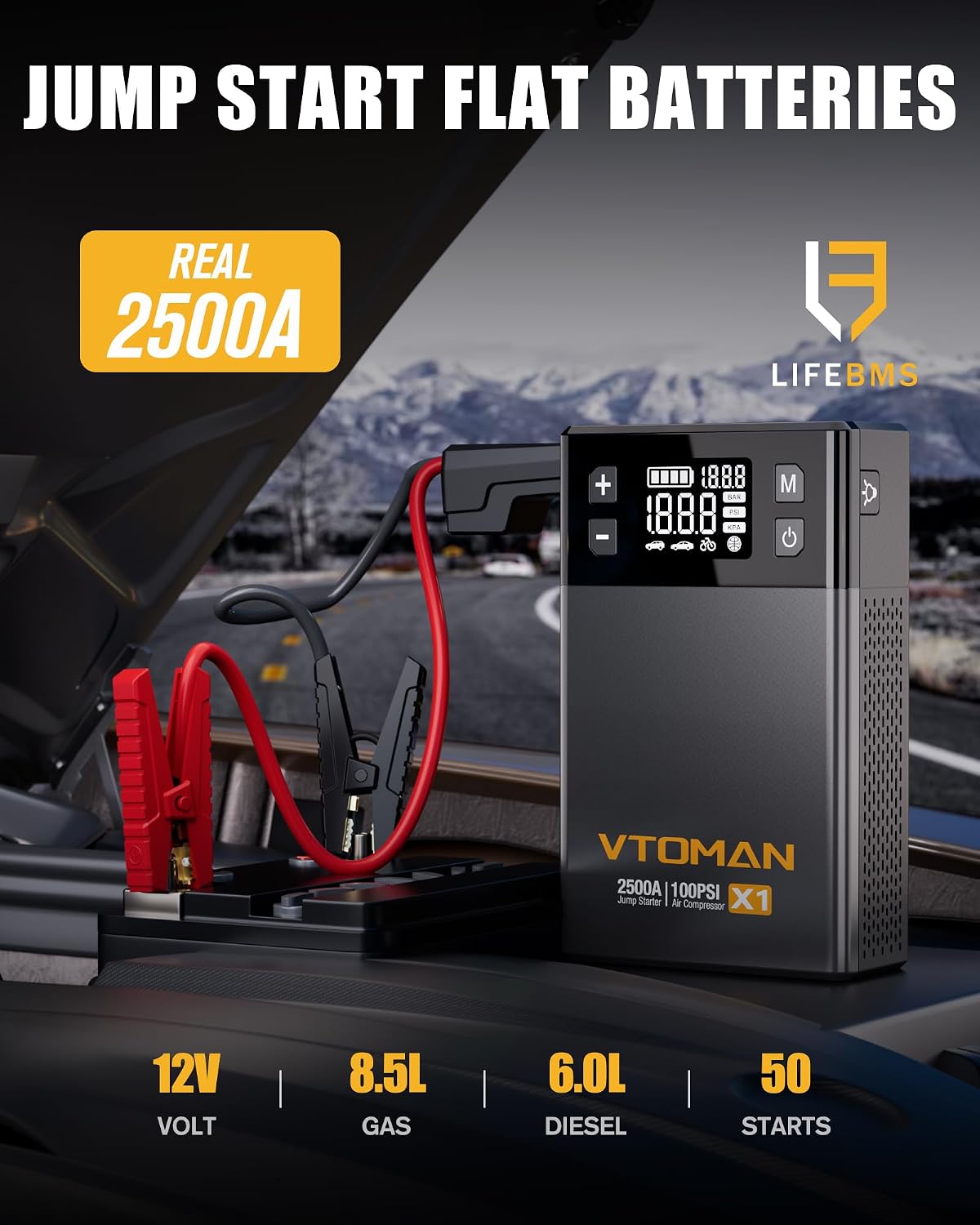 VTOMAN X1 2500A Jump Starter,150PSI Air Compressor for 8.5L Gas/6L Diesel