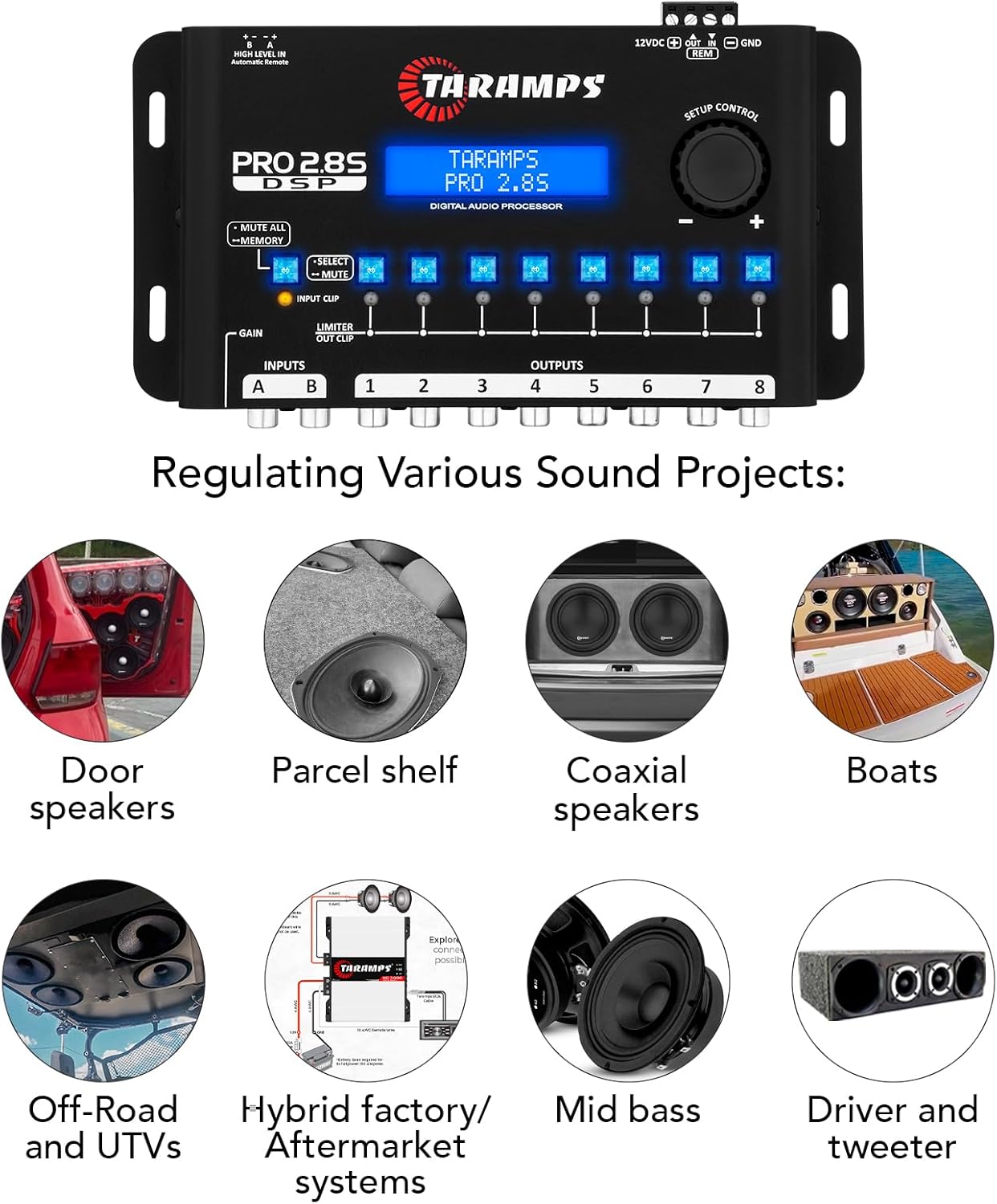 Taramps Pro 2.8S Black DSP Crossover Full Digital Signal Audio Processor and Equalizer with sequencer 15-Band Graphic Equalization 12 preset EQ 2-Channel in and 8-Channel Out Car Audio, Sound Quality