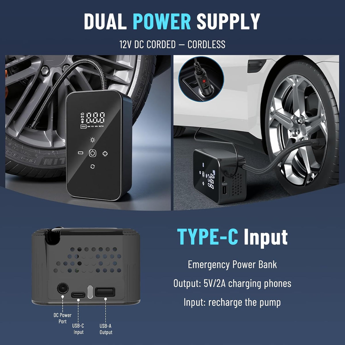 Tire Inflator Portable Air Compressor: Cordless Tire Pump for Car Tires with Digital Pressure Gauge & Auto Shutoff - Battery & 12V DC Dual Power Mini Air Pump for Car, Motorcycle, Bike, Balls