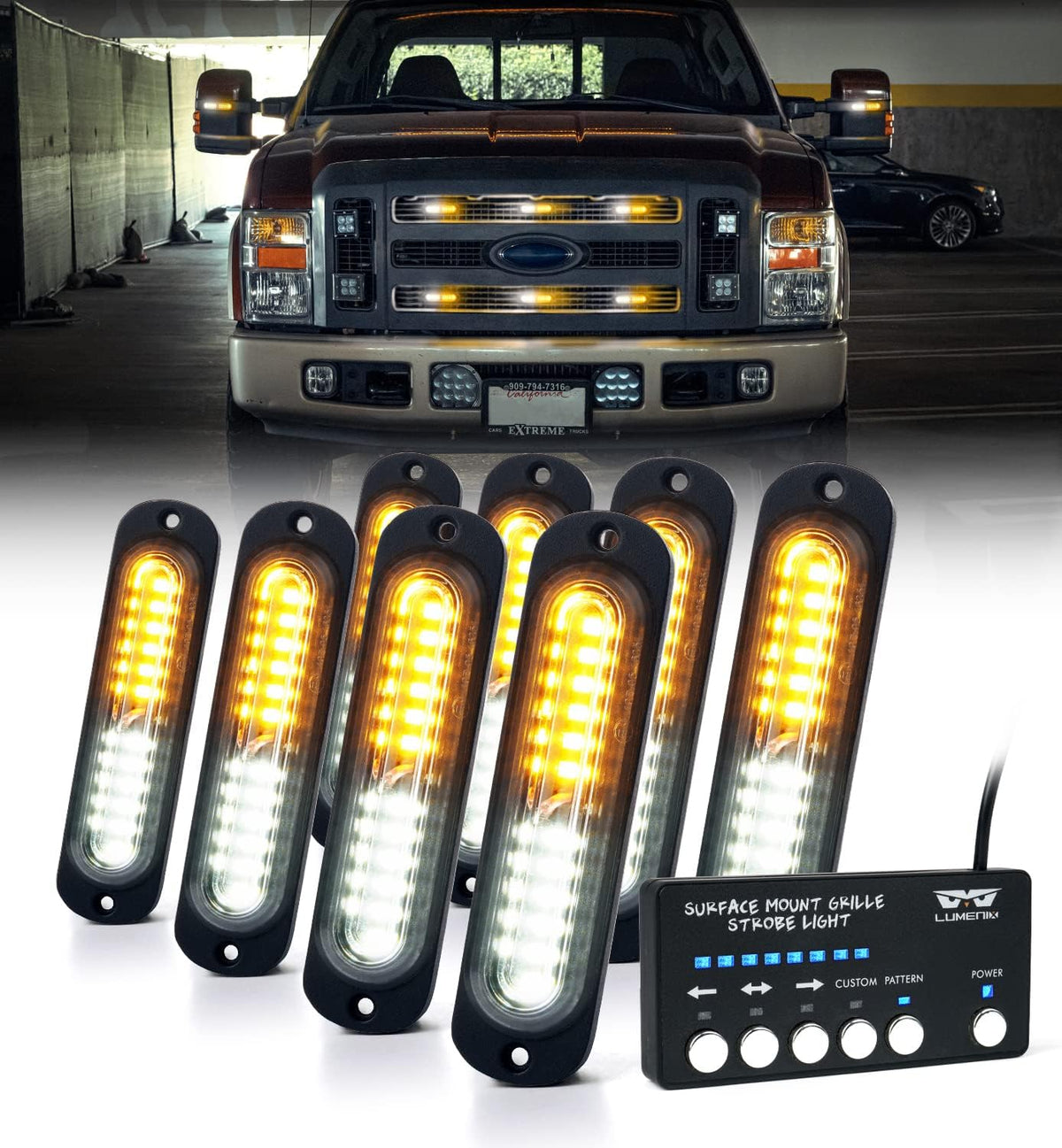 LUMENIX White Amber LED Surface Mount Strobe Flashing Lights Kit w/Controller 8PCS Grille Side Marker Emergency Warning Caution Light Assemblies for Construction Vehicles Trucks, Traffic| Sync Feature