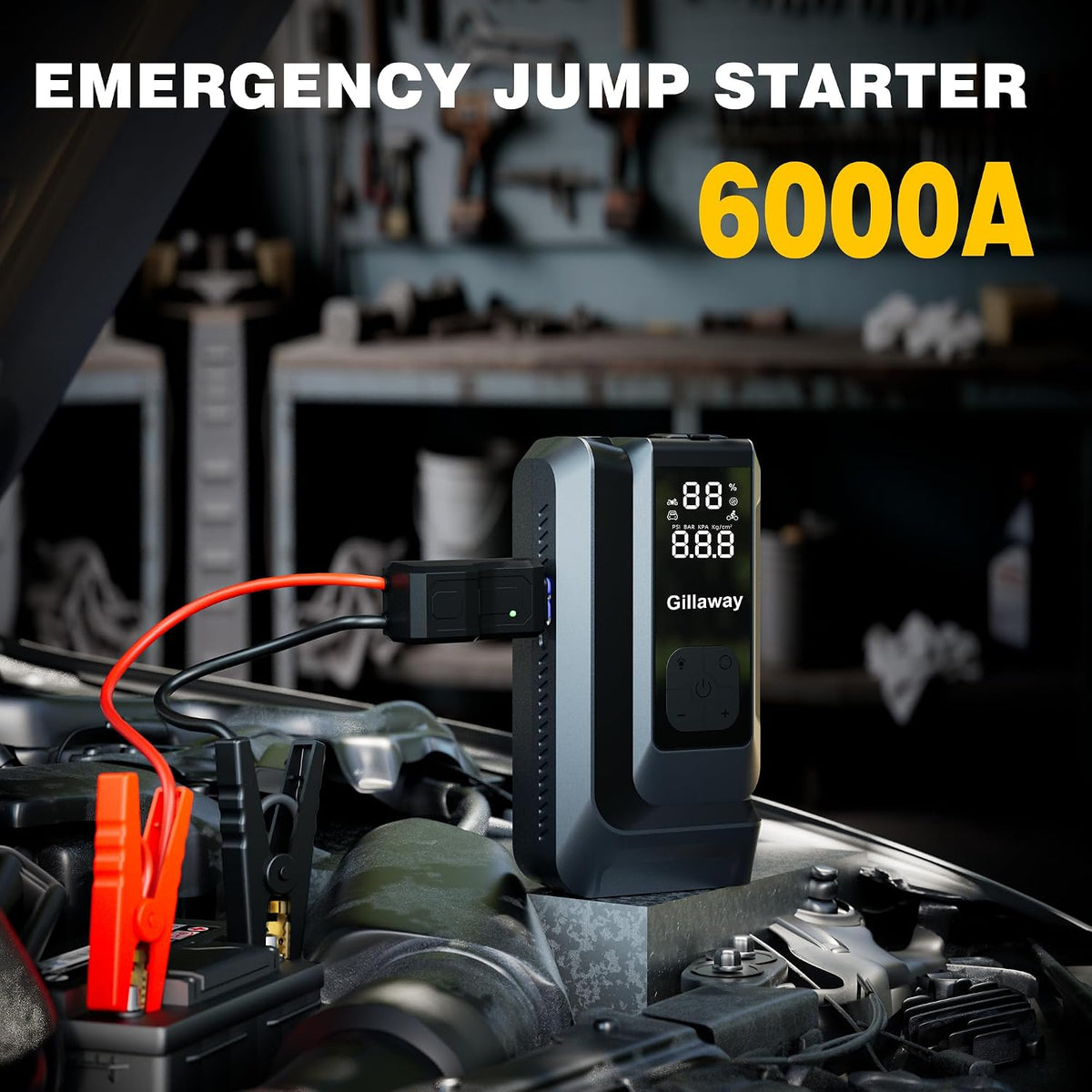 Jump Starter 6000A Car Jumper Starter Portable with 150PSI Tire Inflator, Battery Jumper Starter Portable, Air Compressor, Flashlight