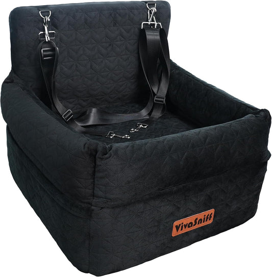 Dog Booster Car Seat for Small/Medium Dogs up to 100 lbs, 6" High Density Memory Foam Elevated Pet Car Bed Detachable and Washable with 2 Storage Pockets &amp; 2 Safety Belts (Black)