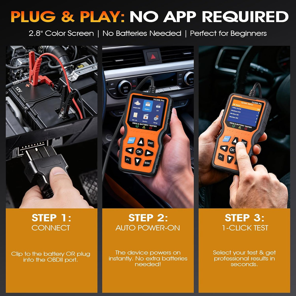 OBD2 Scanner with Battery Tester, 2-in-1 Design 1-Sec Read/Clear Check Engine Code Reader, 12V Car Battery Health & Charging System Analyzer, Universal Auto Diagnostic Tool for 1996+ Cars