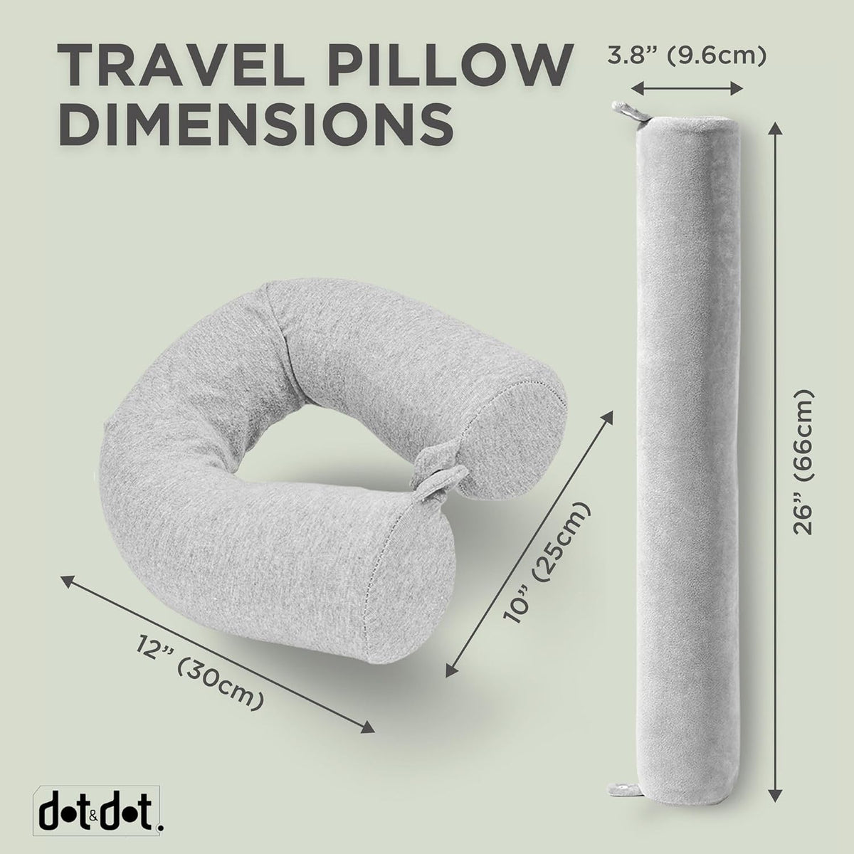 Dot&Dot Twist Memory Foam Travel Pillow, Bendable Neck Pillow for Airplane, Car and Home, 26-Inch Adjustable Roll with Washable Cotton Cover, Gray