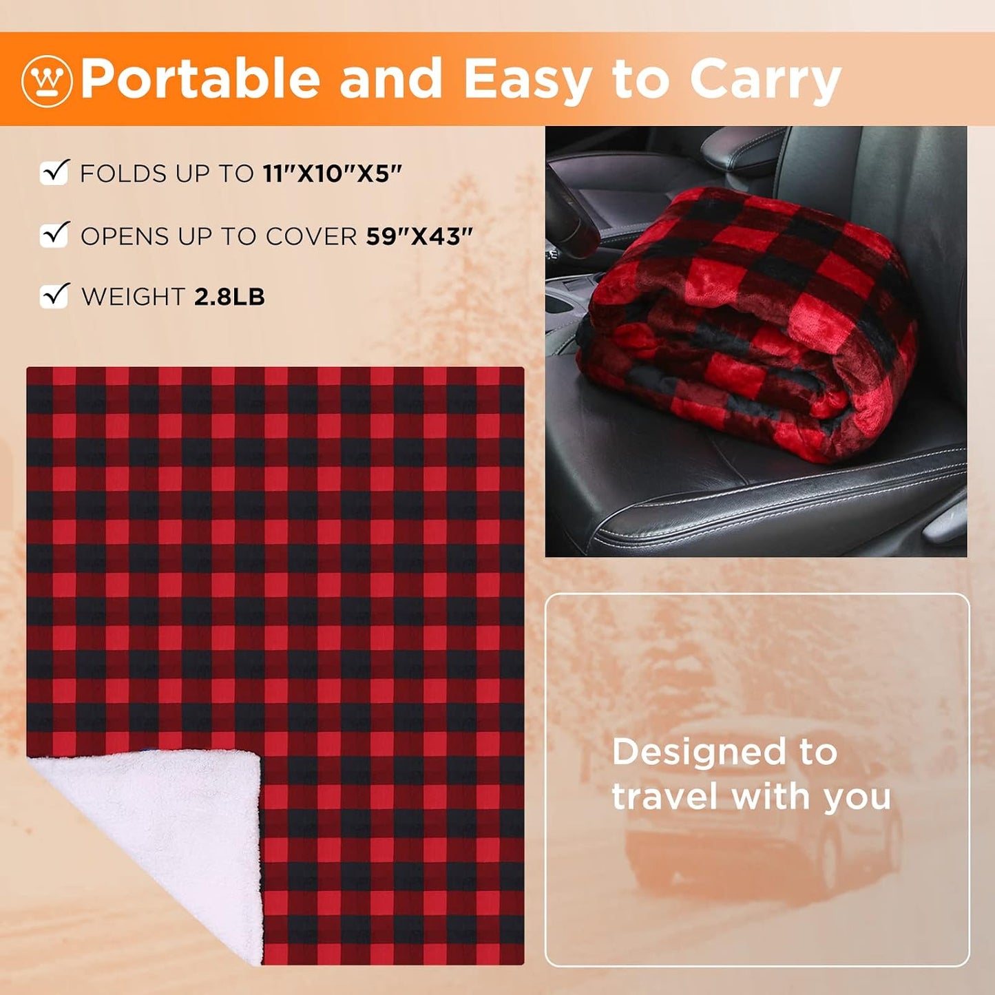 Westinghouse Heated Car Blanket, 12-Volt Electric Blanket for Car, Truck, SUV, RV, Portable Heated Throw for Camping, Red Buffalo Plaid, 59" x 43”