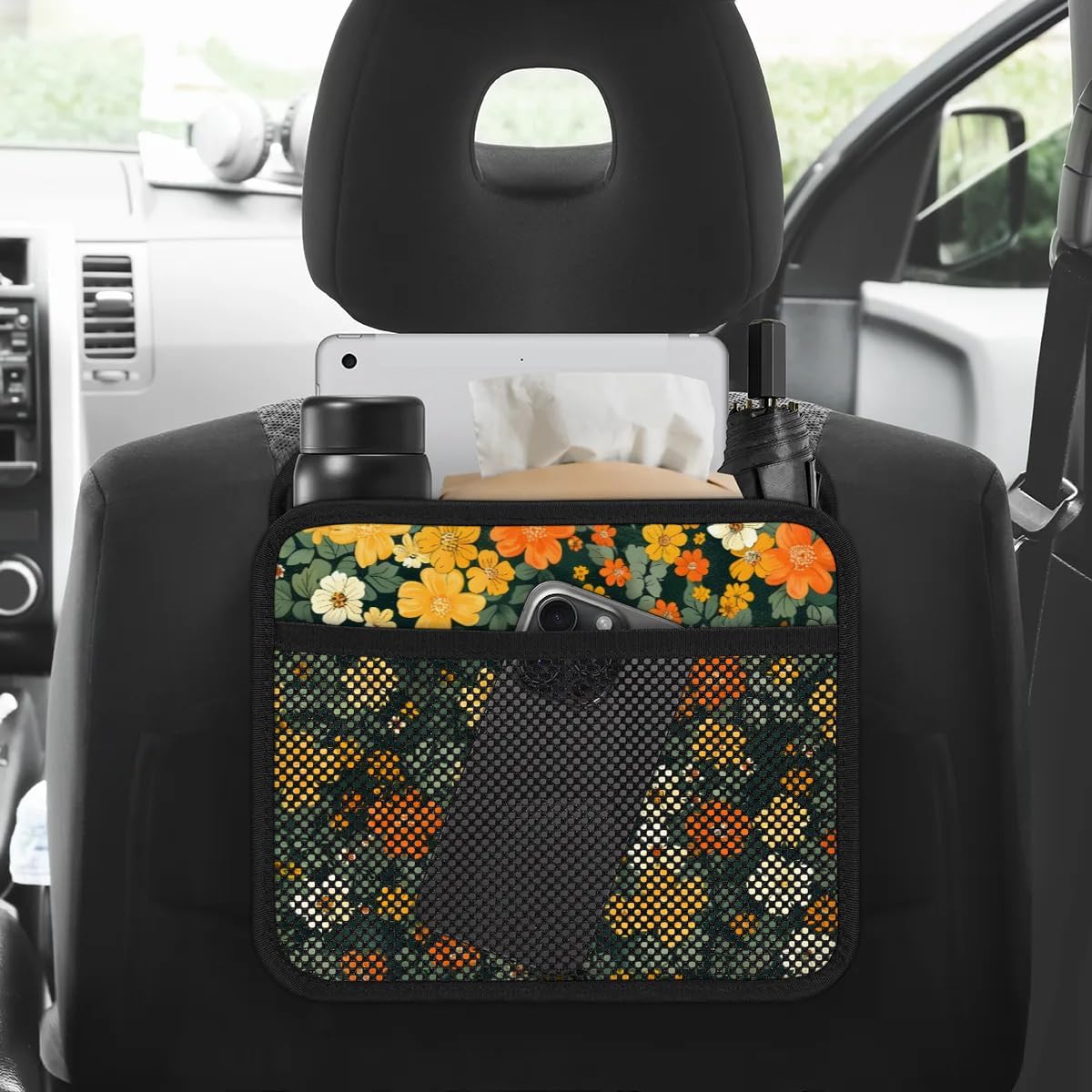 Car Backseat Organizer, PU Leather Back of Seat Cars Hanging Organizer with Pockets Leakproof Car Garbage Bag Hanging Cars Seat Storage Box Travel Accessories Foldable (Flowers Green)