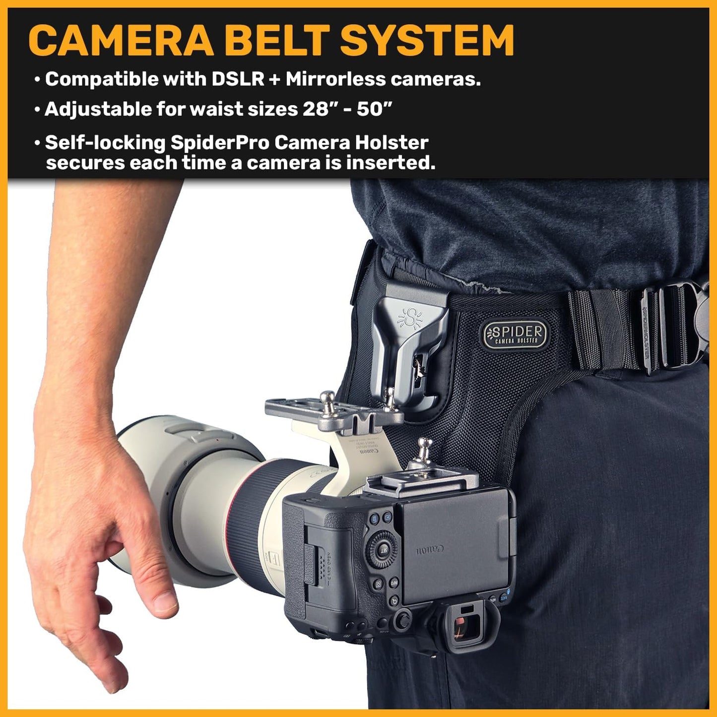 Spider Holster – SpiderPro DSLR Single Camera System v2 for Carrying ONE Professional Camera and Heavy Gear Featuring Belt with Built-In Self-Locking Camera Holster for Secure Quick-Draw Camera Access