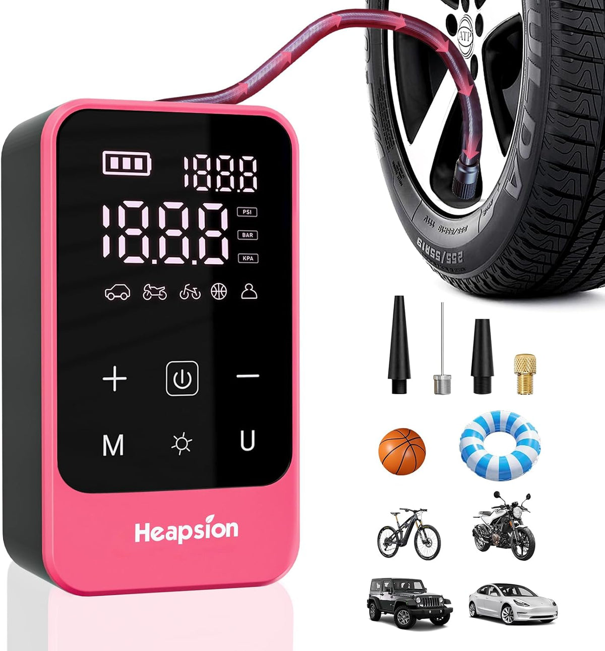 Heapsion Tire Inflator Portable Air Compressor, Air Pump for Car Tires with Digital Pressure Gauge, Auto Shut-Off and LED Light, 150 PSI Cordless Pump for Car, Motorcycle, Bicycle, Ball, Pink