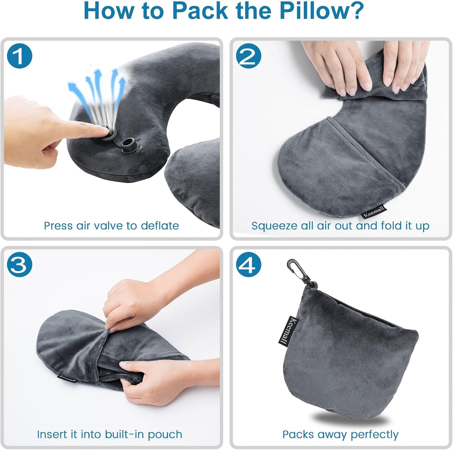 Keemall Inflatable Travel Neck Pillow, Super Soft Plane Neck Support Pillow for Travel Ariplane Sleep Support, Adjustable Neck Cushion Headrest Pillow, Folds Up Nicely, Black Grey