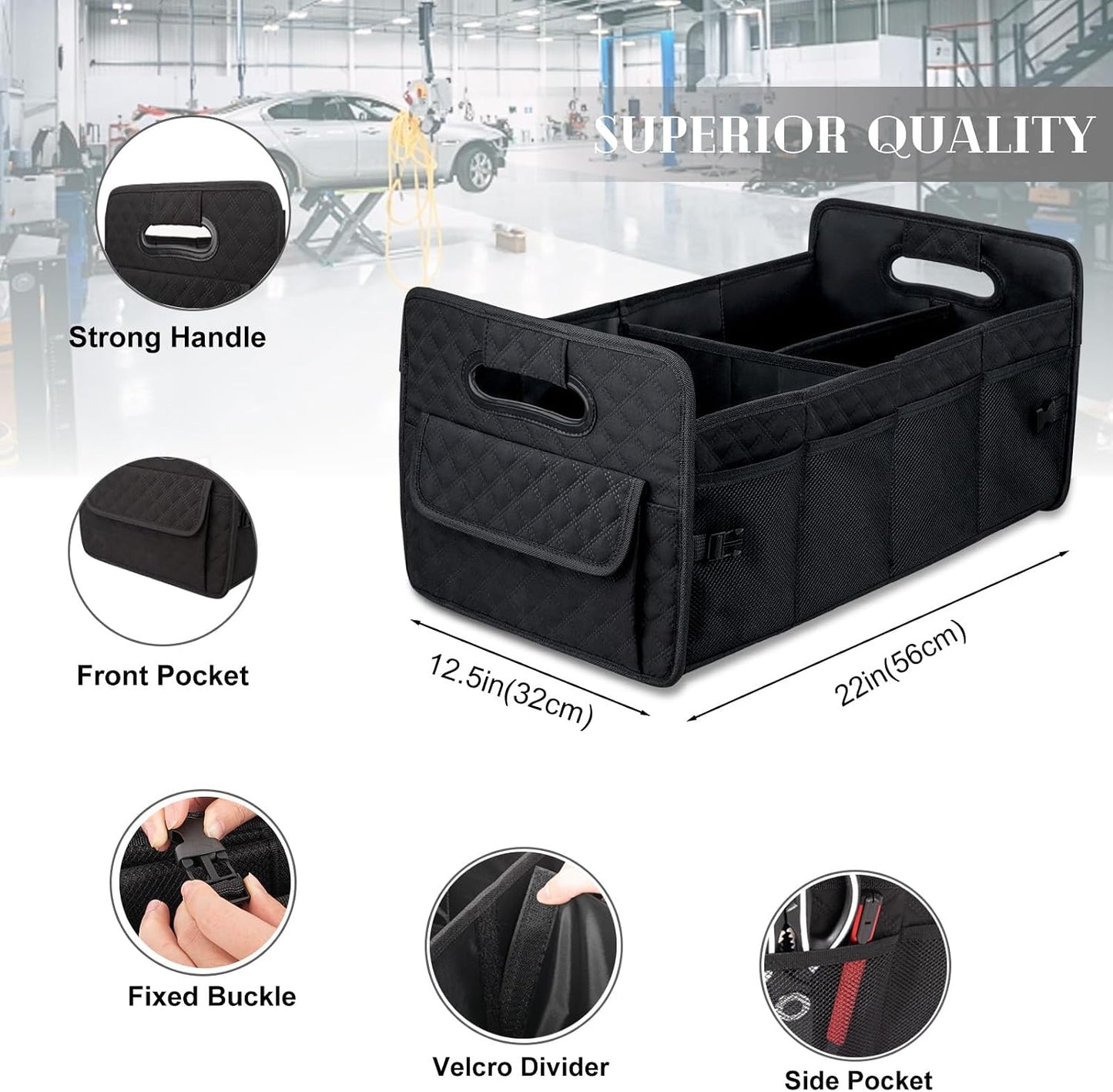 JiatuA Car Trunk Organizer for SUV, Collapsible Car Storage Organizer Black | Sturdy, Large Capacity, Diamond Decor, Multi Compartment Container Box Adjustable Car Accessories for Sedan Truck