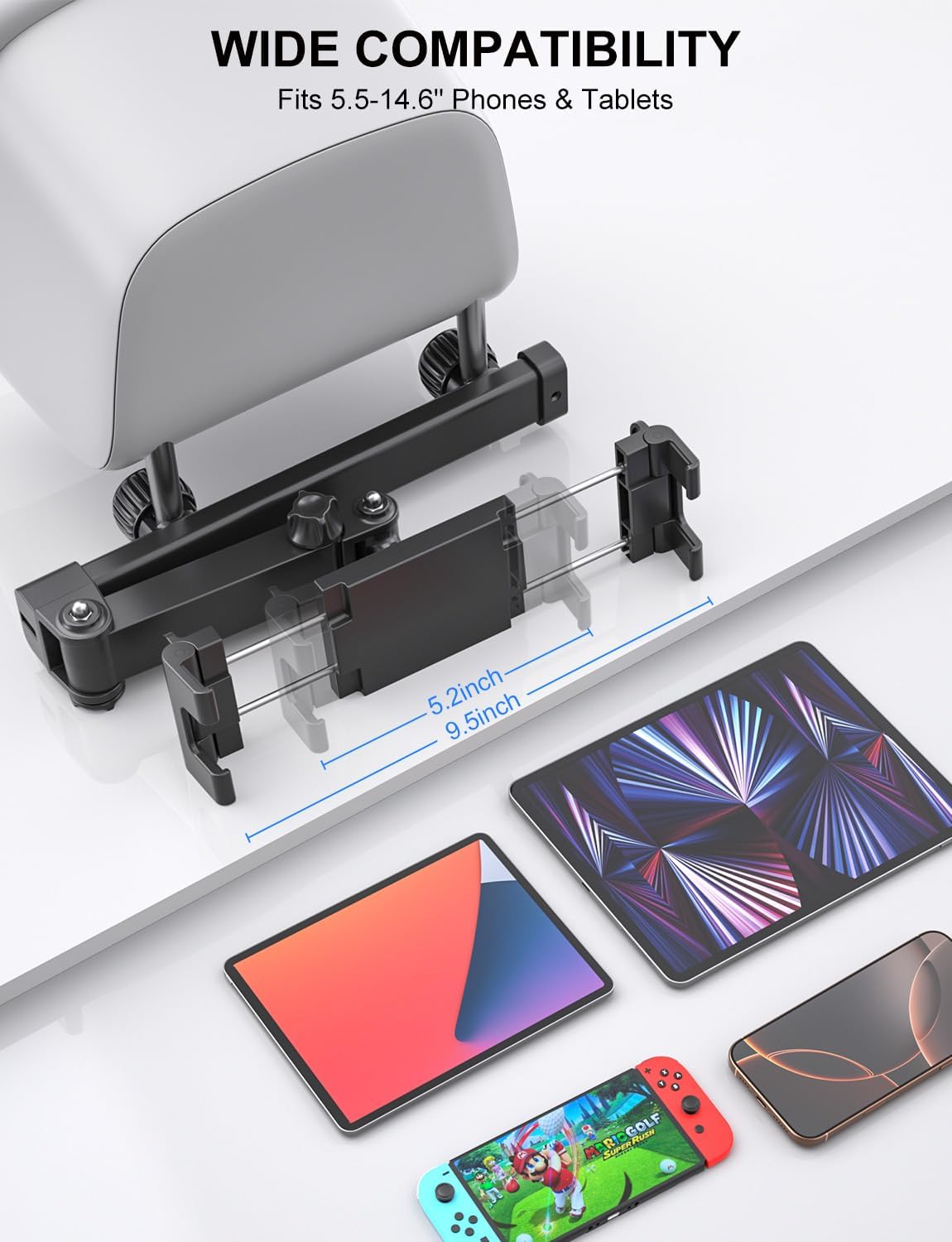 PLDHPRO Tablet Holder for Car Headrest Mount iPad Backseat Foldable Back Seat Stand Compatible 5.5-14.6'' Phones Tablets, Road Travel Essentials for Kids Accessories