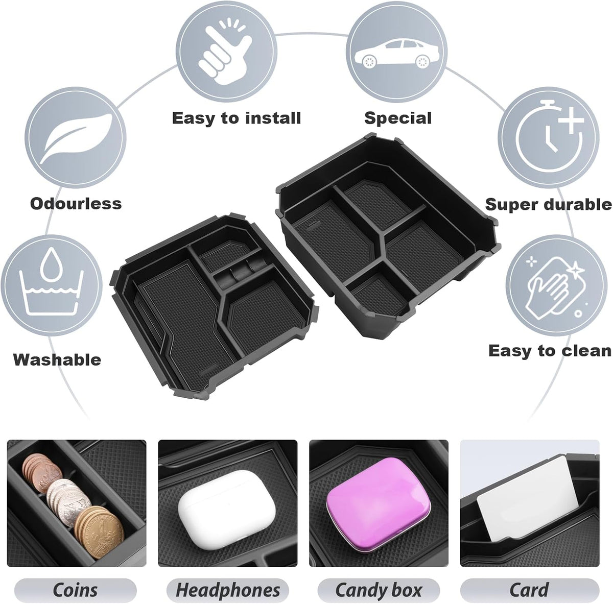 SKTU 2-Pack for 2024 2025 2026 Tesla Cybertruck Center Console Organizer 2024 2025 2026 Cybertruck Console Tray Cybertruck Armrest Tray Tesla Cybertruck 2024 2025 2026 Accessories with Coin Holder
