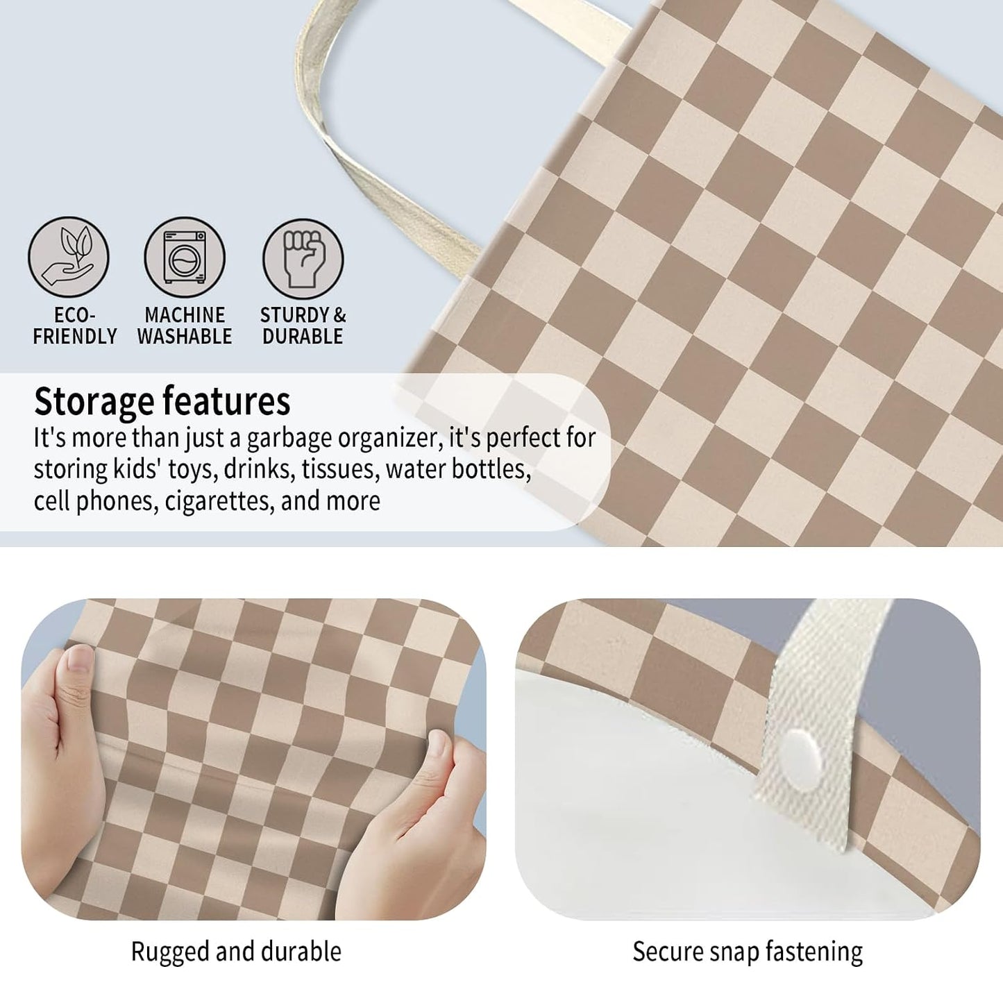 Car Trash Can, Hanging Garbage Bin for Men and Women, Cute Car Organizer and Storage Bag, Canvas Vehicle Trash Can Bag Easy-to-Install Cute Checkboard