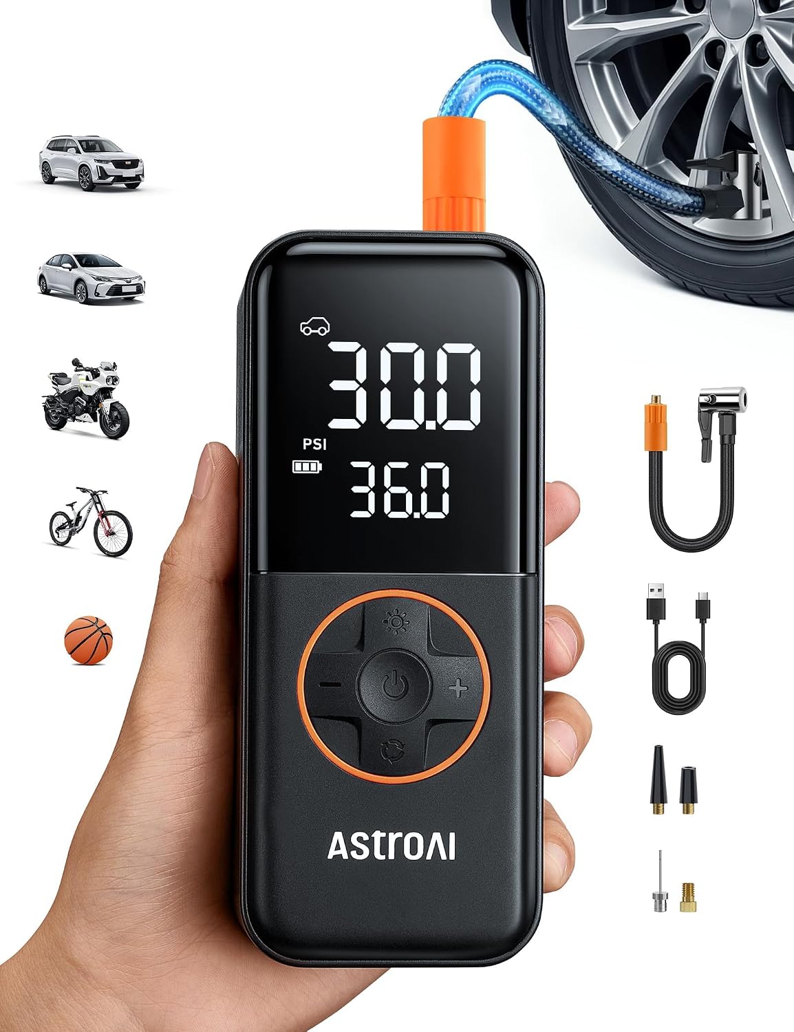 AstroAI L4 Cordless Tire Inflator Portable Air Compressor, 150PSI Portable Air Pump for Car Tires, Battery Electric Tire Pump with Pressure Gauge, Ultra-Fast Inflation for Cars,Motorcycles,Bikes,Balls