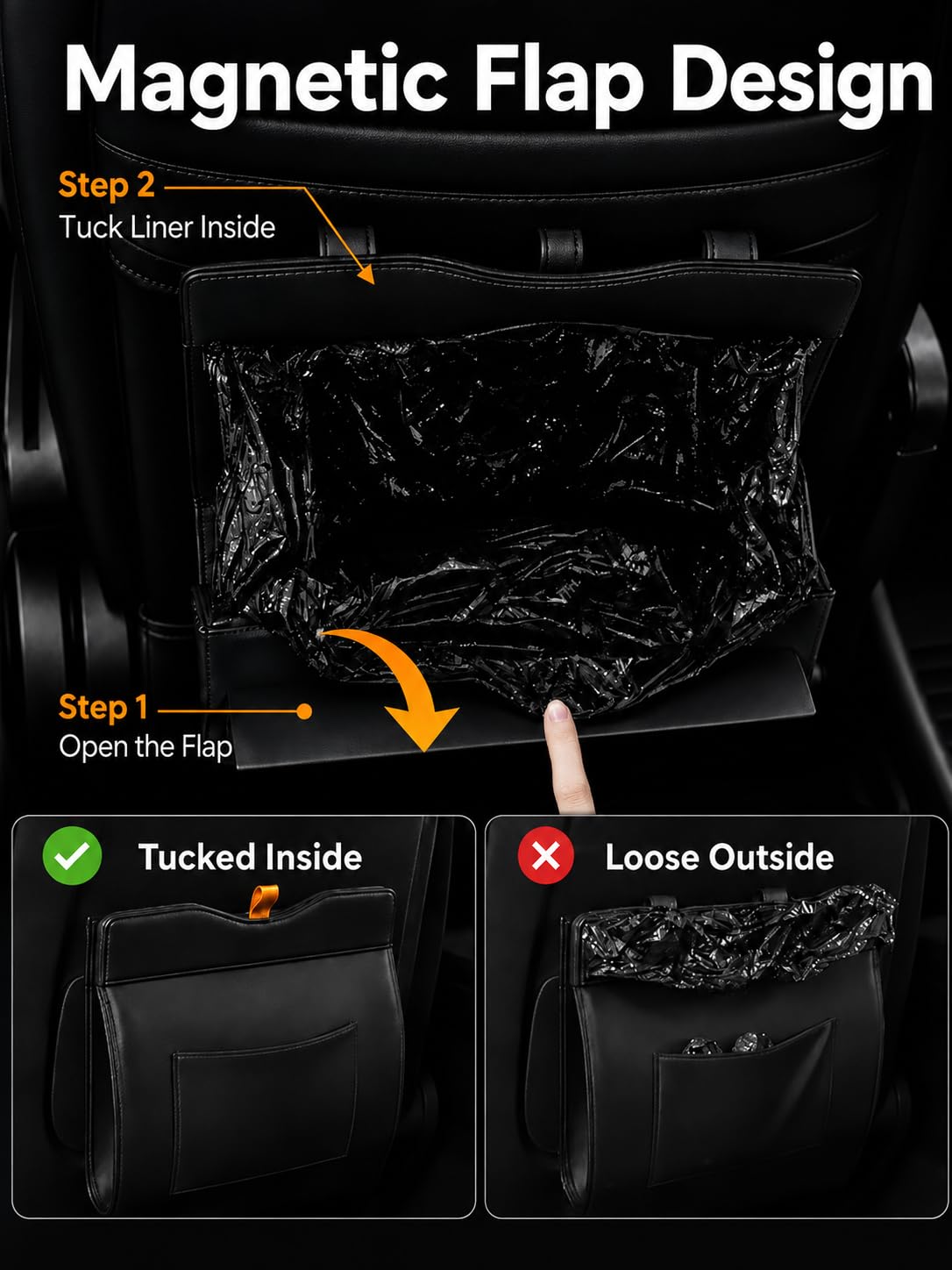 COZILO Leather Car Trash Can, Leak-Proof Odor-Lock Car Garbage Can with 60 Liners, Magnetic Closure & Liner-Hold, Storage Pocket, Metal Hooks, Hanging Car Trash Bin for SUV Sedan Truck, Black