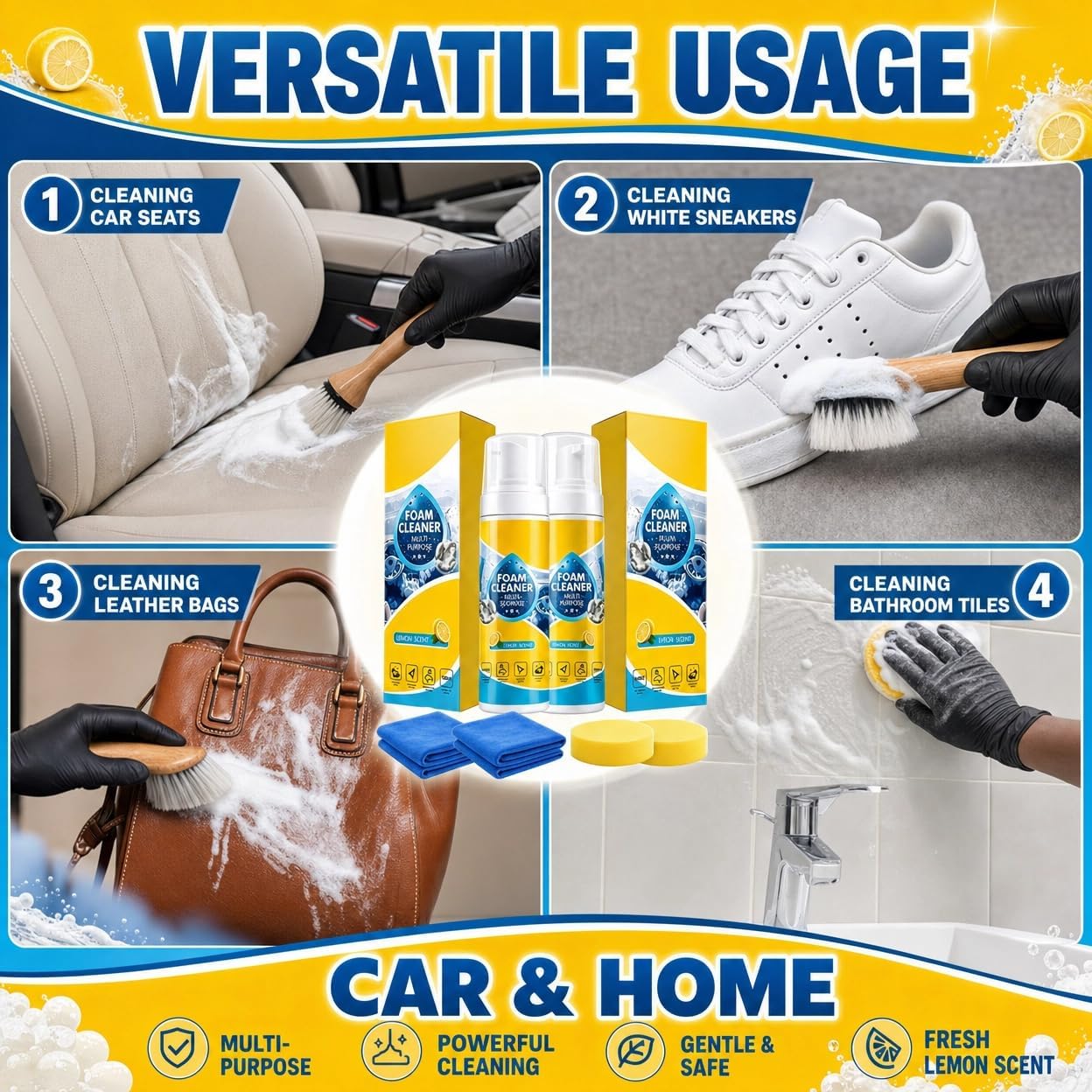 Car Interior Foam Cleaner Kit, No-Rinse Spray, 2 x 4 fl oz | 2 x 4 fl oz no-rinse car interior foam cleaner kit with 2 towels and 2 sponges for dashboard, seats, carpet and upholstery