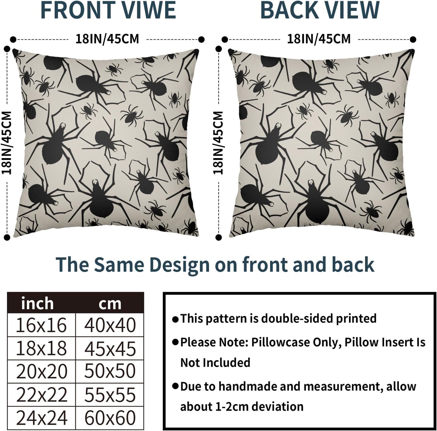 Robvobe Cream Halloween Pillow Covers 18x18 Set of 2 Black Spider Print Outdoor Decorative Throw Pillows Holiday Scary Themed Farmhouse Pillowcases Linen Cushion Case Decor for Home Sofa Couch Bed
