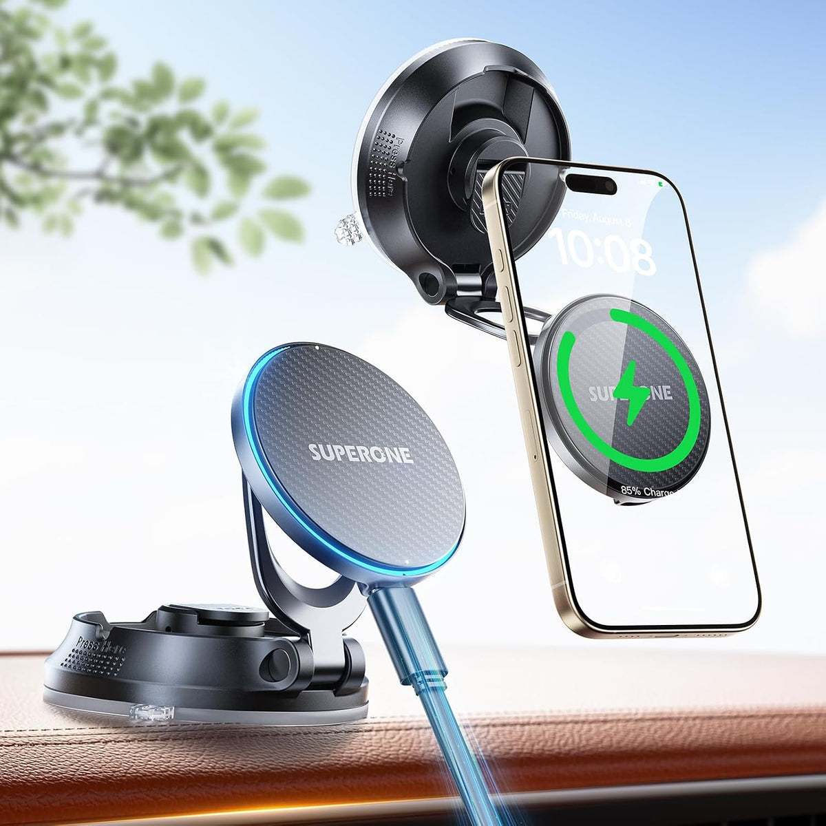 SUPERONE for MagSafe Car Mount Charger, 15W Fast Charging Magnetic Wireless Car Charger [88+LBS Ultra Suction & 2800gf Strong Magnetic] 360° Vacuum Magnetic Phone Holder for iPhone