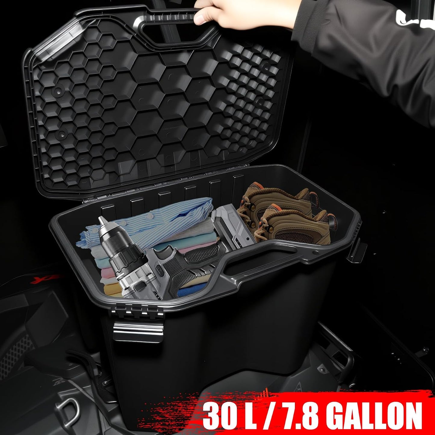 7.8Gal/30L Rear Cargo Box for Can-Am Maverick X3 MAX, Commander | Waterproof Rear Bed Tool Storage Modular Box for Can Am Maverick Trail, Ski Doo, Defender Accessories, Replacement #715006830