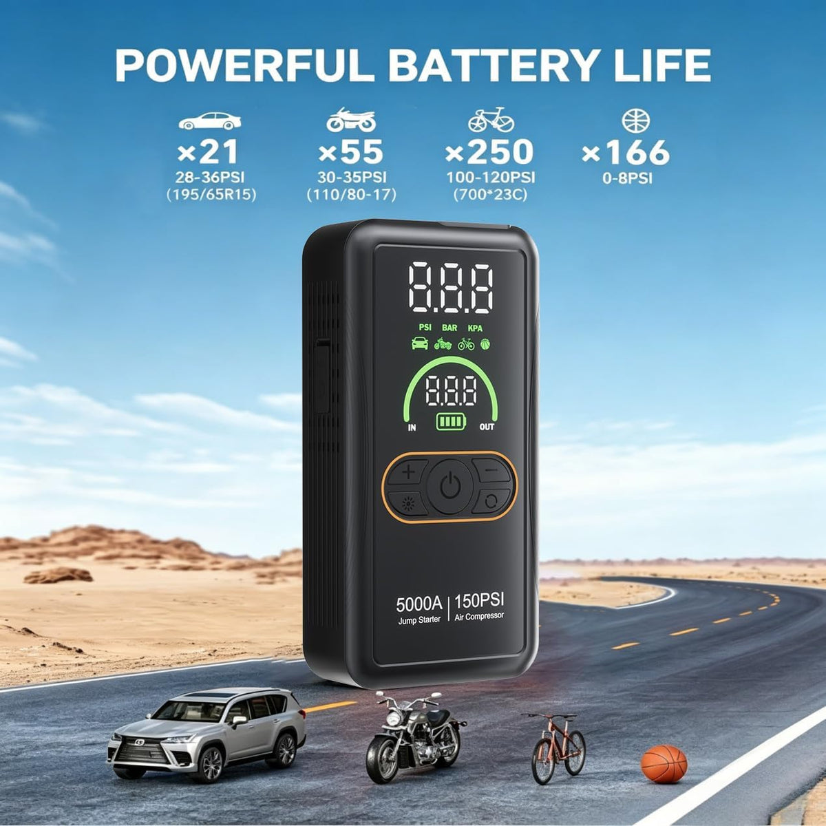 5000A Jump Starter with Air Compressor, Portable Car Battery Jump Starter, 150 PSI Tire Inflator, 12V Jump Box for 8.0L Gas/6.5L Diesel, Auto Shut Off, LCD Display