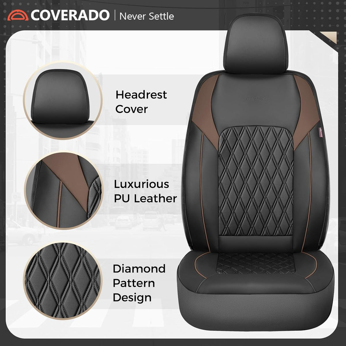 Coverado Leather Seat Covers, Front and Back Seat Covers for Cars, Waterproof Automotive Seat Covers Car Seat Protector Car Seat Cushion Universal Interior Truck Accessories Fit Most Cars Black&Coffee
