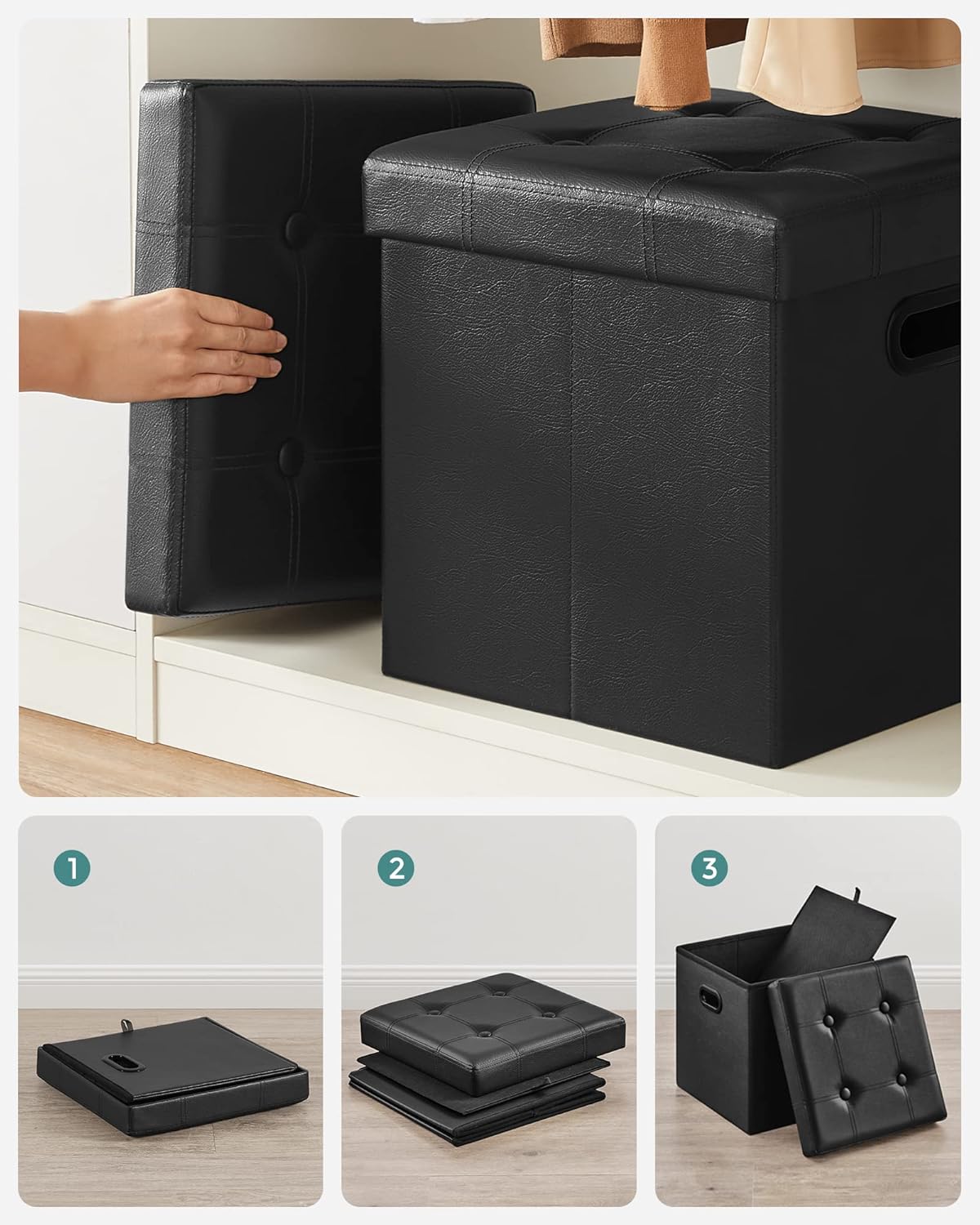 SONGMICS 15 Inches Folding Storage Ottoman, Cube Footrest