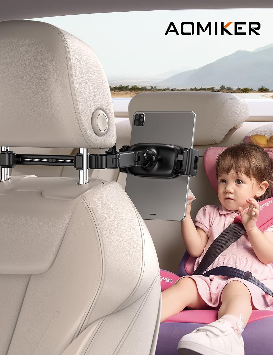 Aomiker iPad Holder Car Headrest - [Stretchable Arm] 2025 Adjustable Tablet Mount for Car Backseat, Travel Road Trip Essentials for Kids, for iPad Pro, Air, Mini, Samsung Tab, 4.7-11” Device - Black