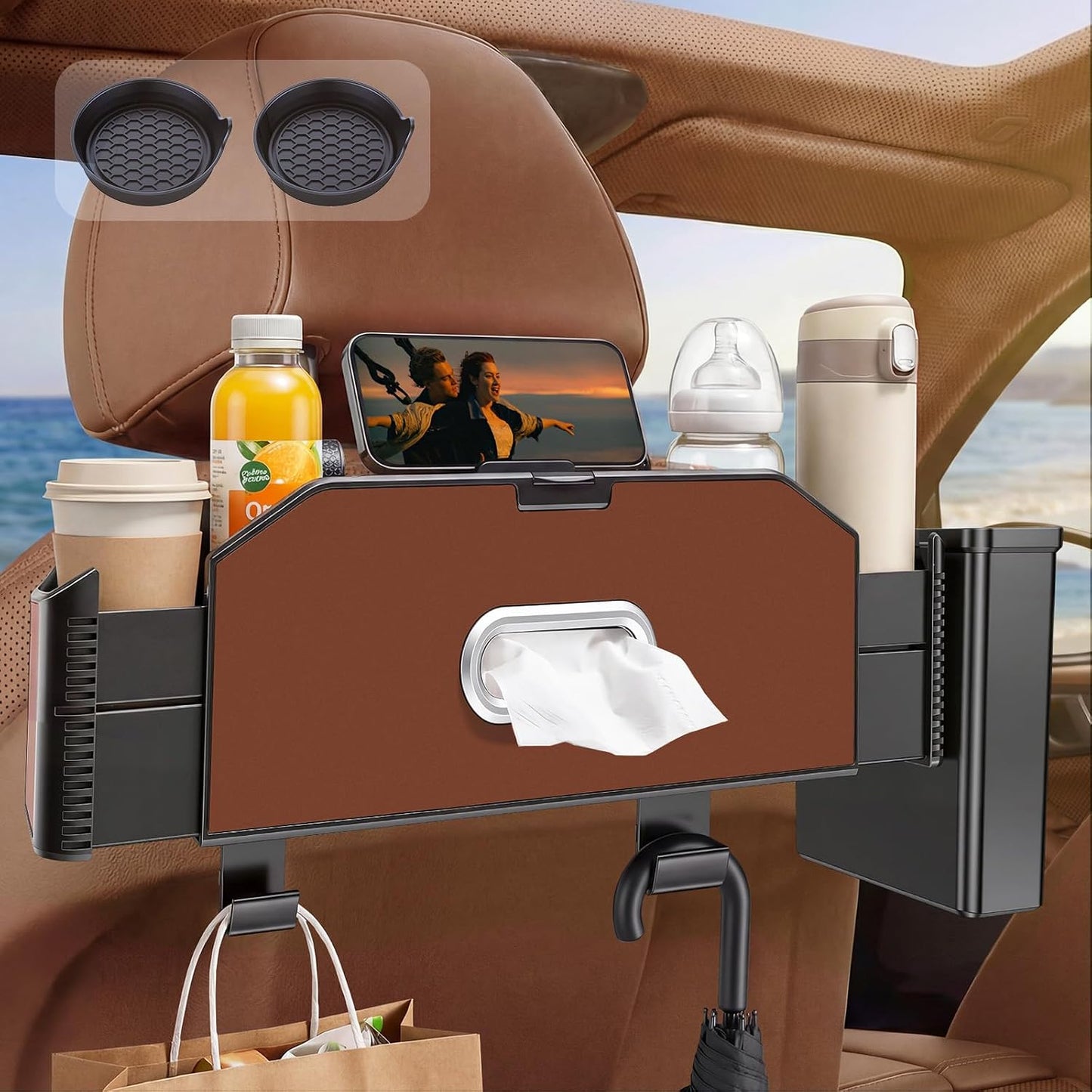 5-in-1 Back Seat Car Organizer and Storage with Extendable Cup Holder, Tissue Holder, Phone Holder, Hanging Hooks, Trash Bin, Back of Seat Car Headrest Organization Accessories for Women Man